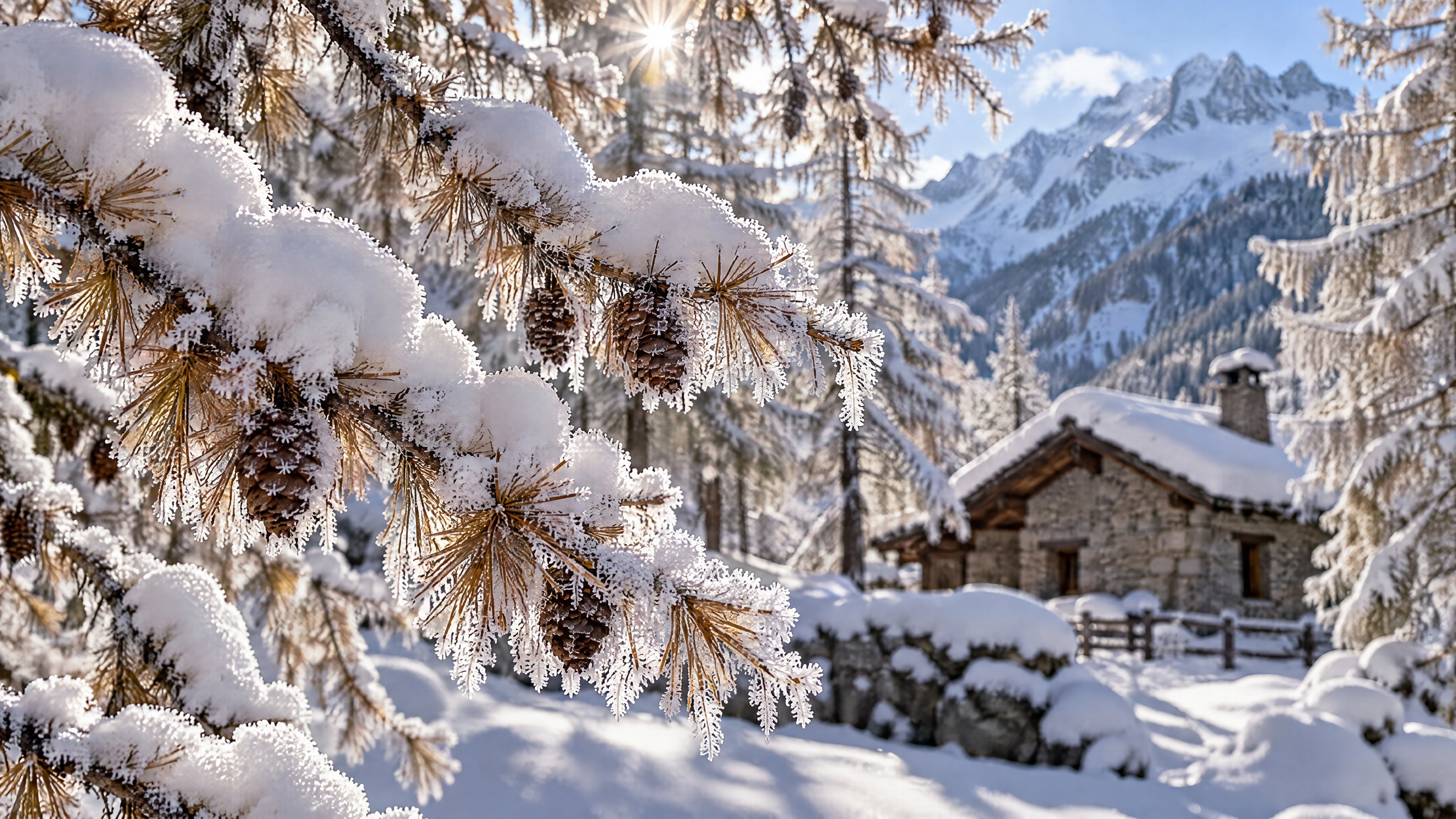 Details eines schneebedeckten Lärchenwaldes in Nahaufnahme
