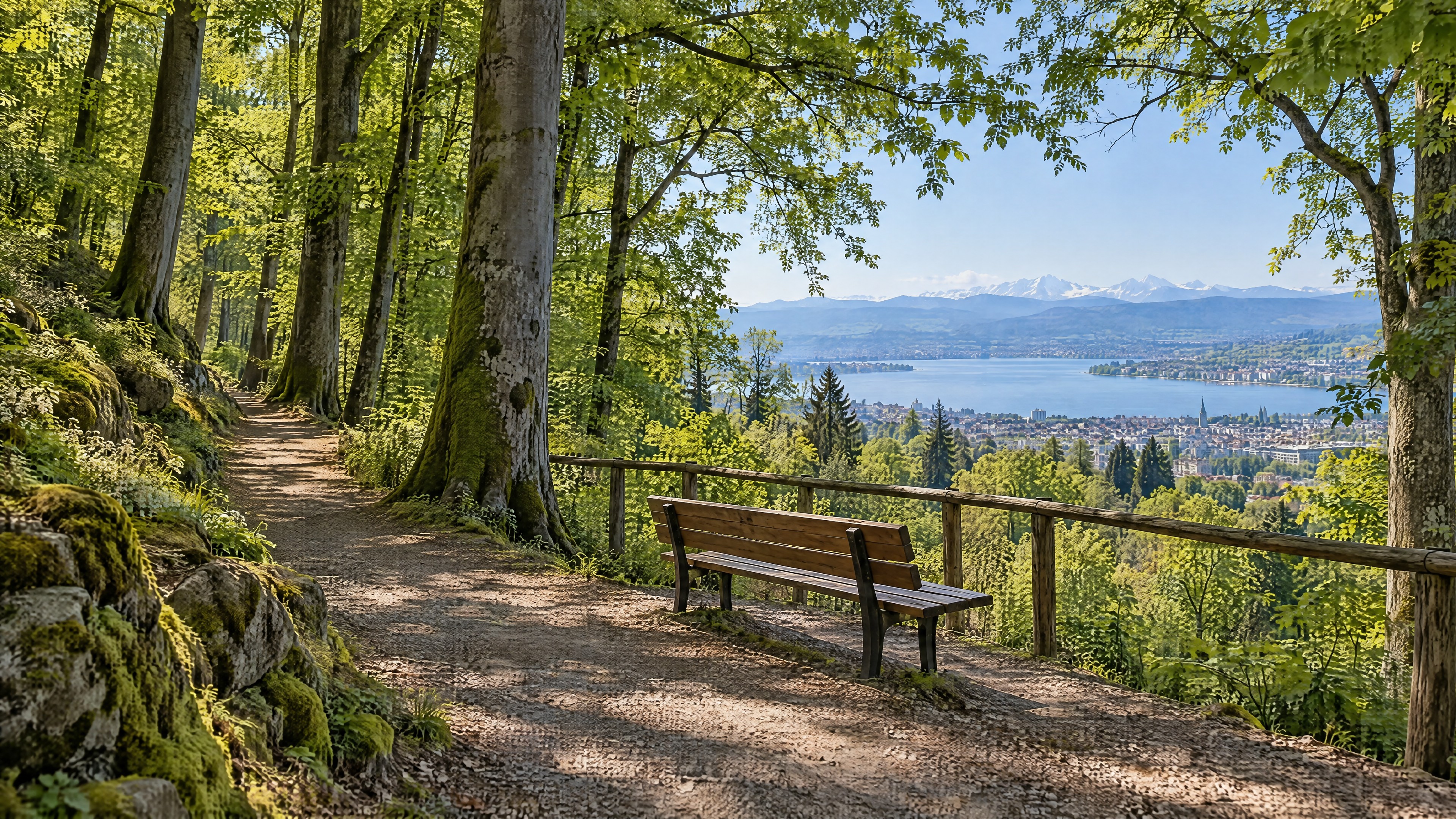 Gewundener Waldweg oberhalb der Stadt