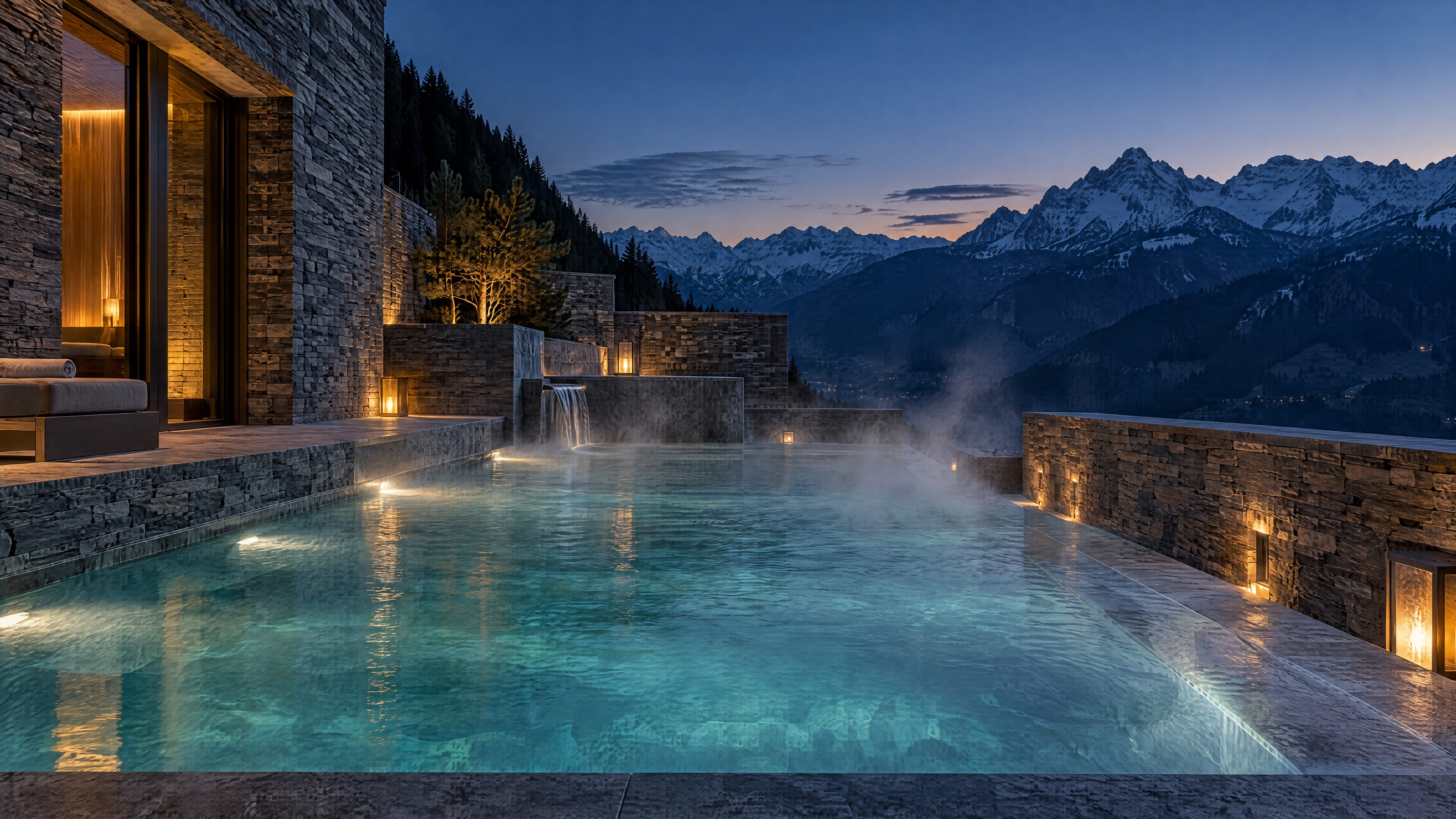 Ruhiges Thermalbecken im Freien in der Abenddämmerung