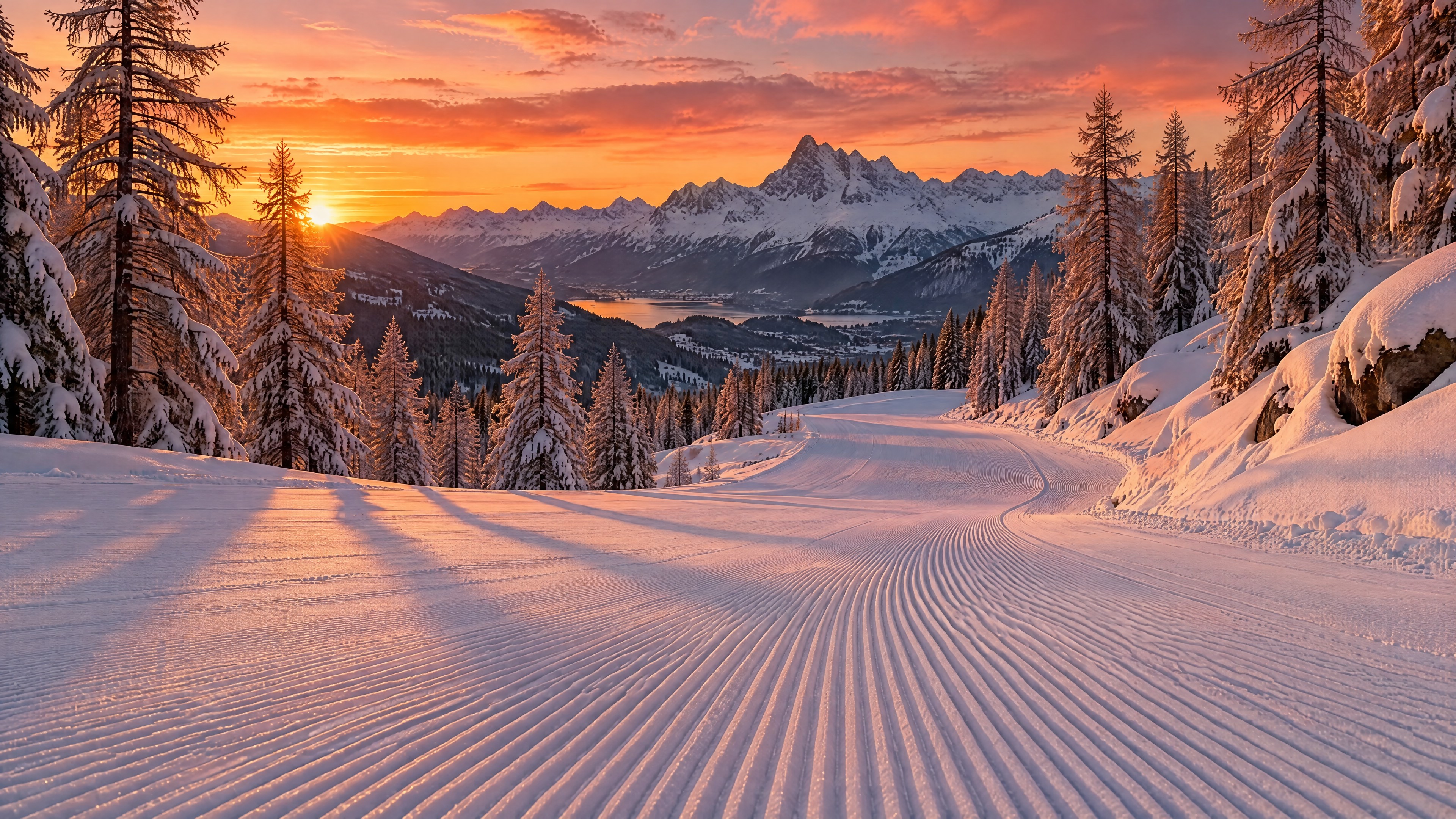 Unberührte Skipiste bei Sonnenuntergang