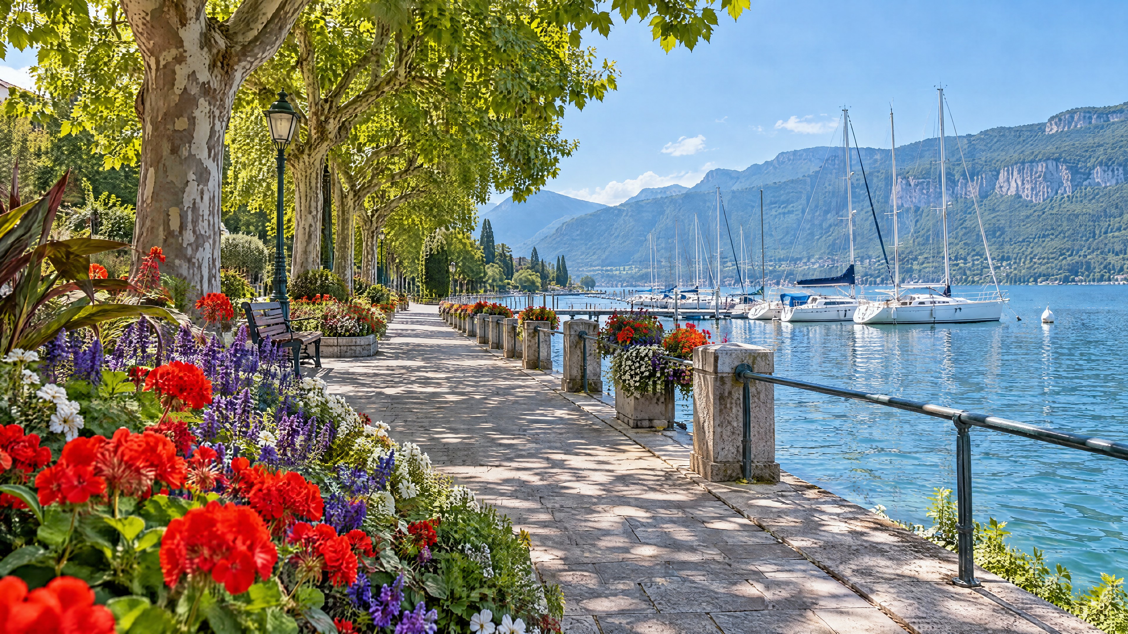 Promenade au bord du lac avec des fleurs épanouies
