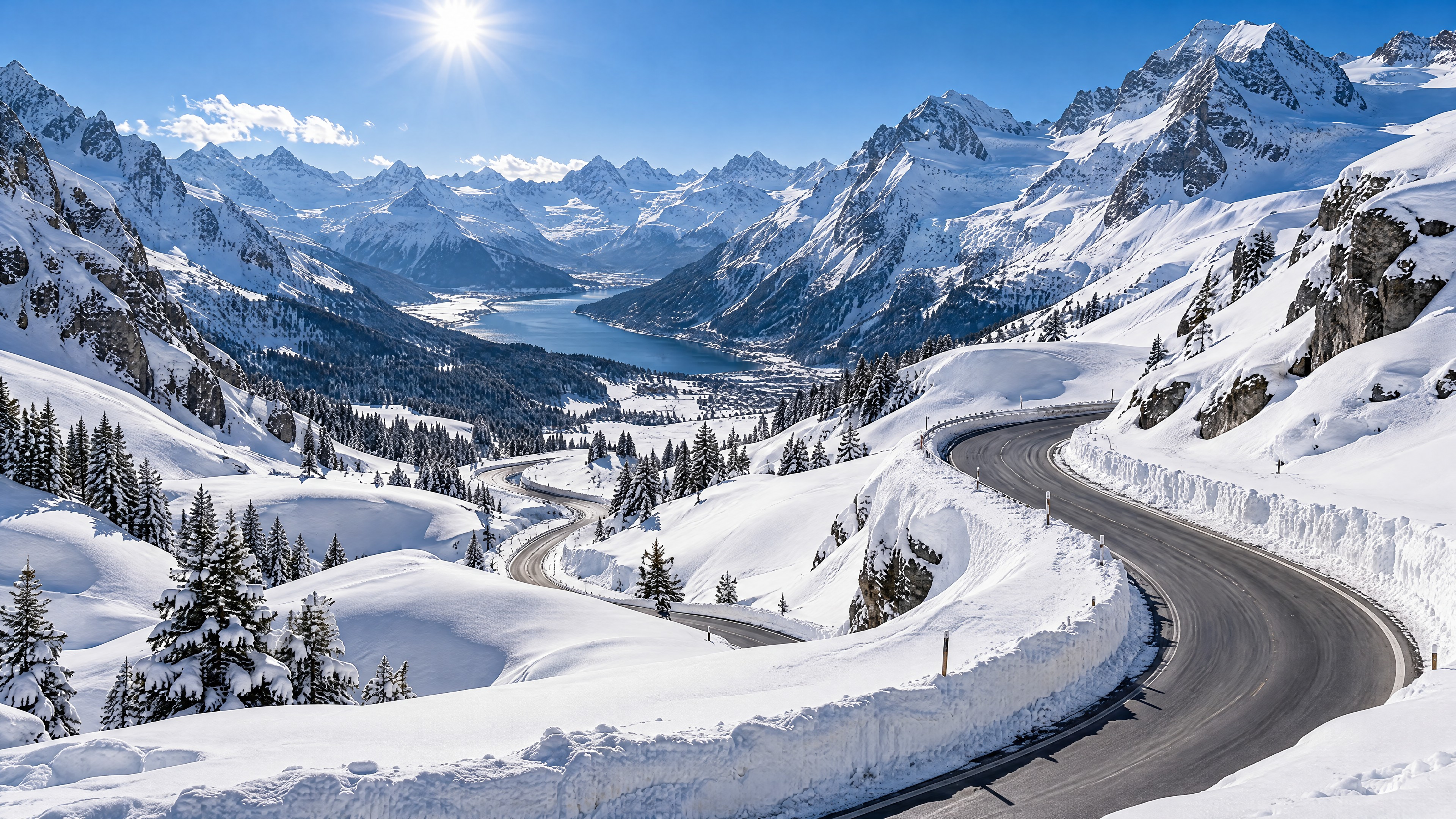 Vista di un passo montano illuminato dal sole a mezzogiorno