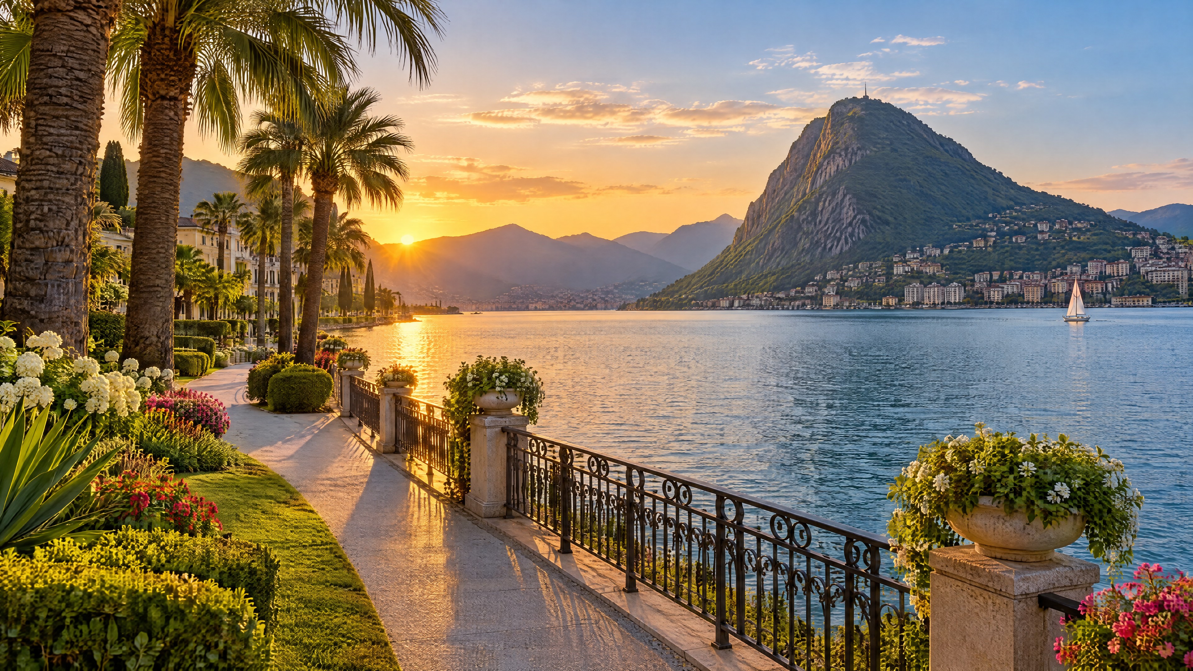 Paseo junto al lago en Lugano, Suiza