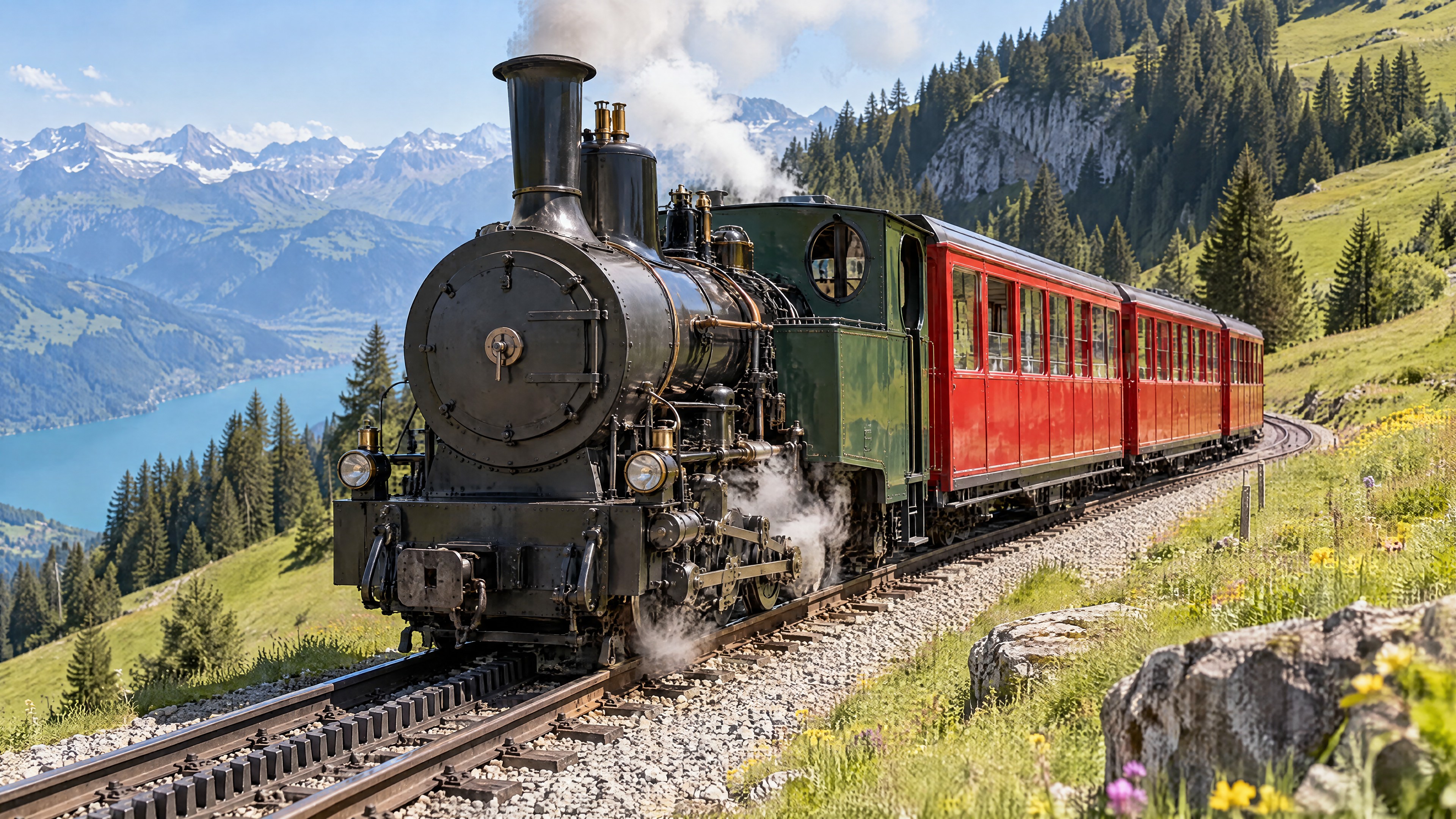 Historischer Dampfzug auf der Bergfahrt durch Alpwiesen