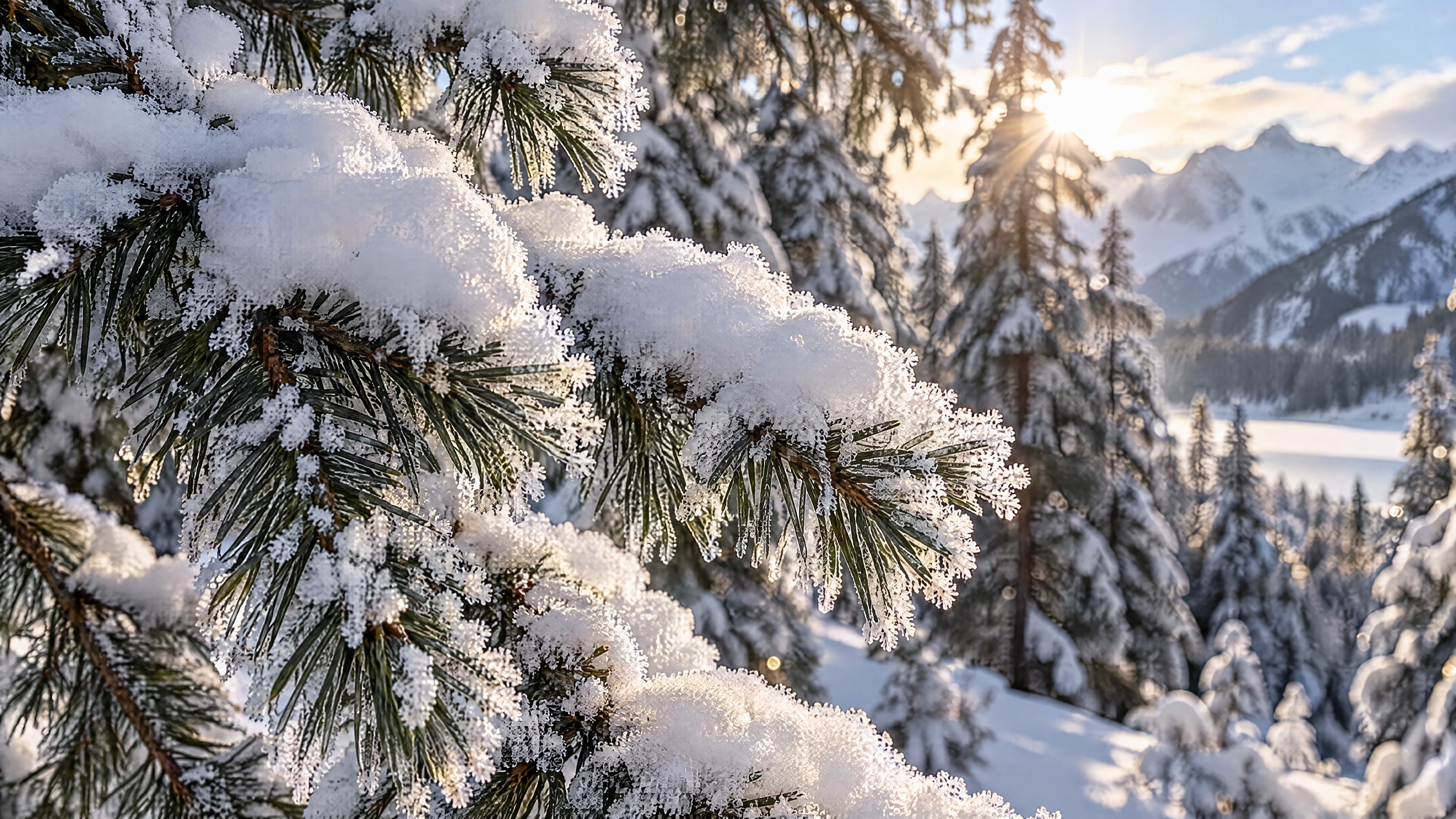 Primo piano di una pineta invernale ricoperta di brina