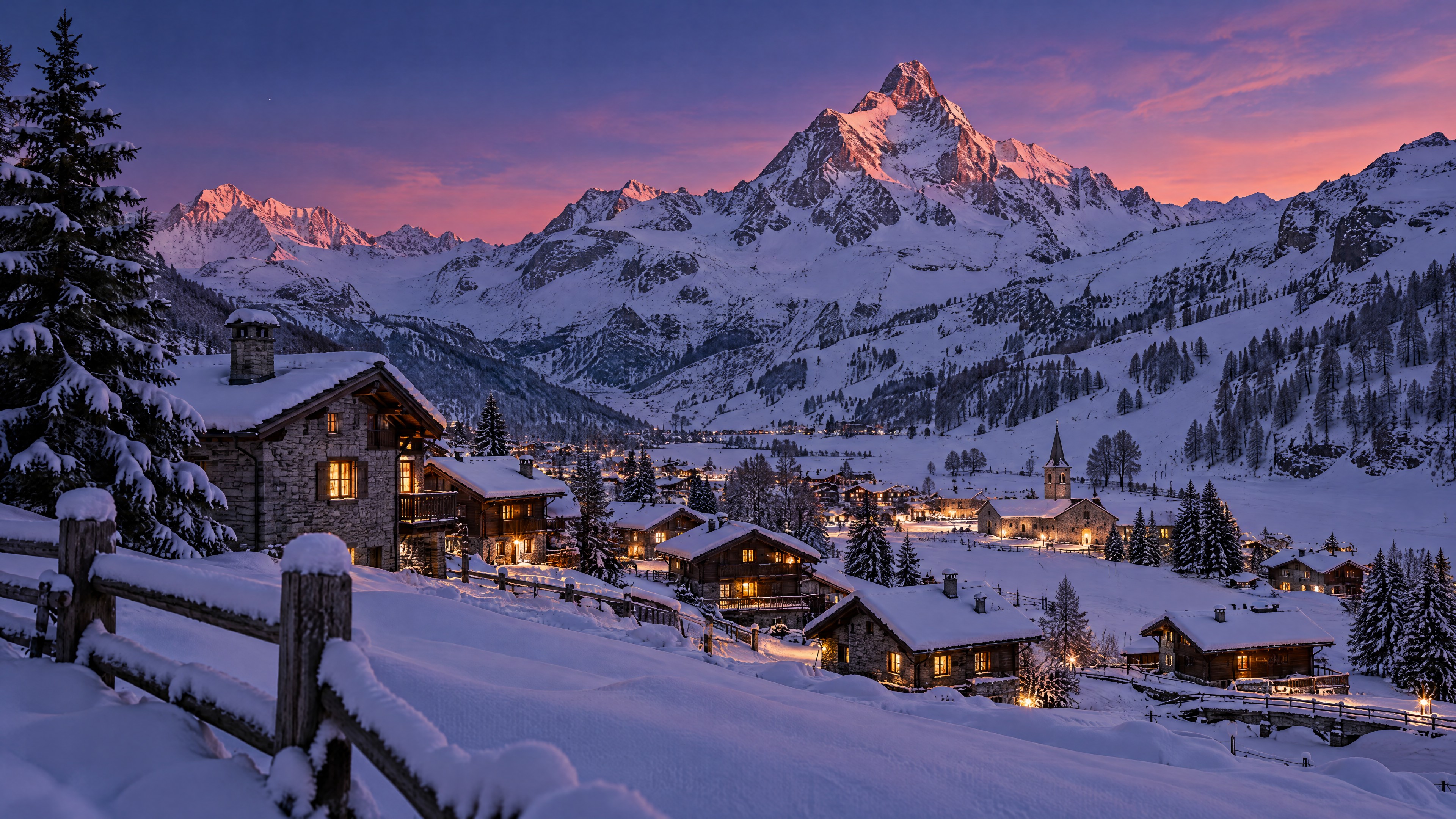 Alpenglühen über einem stillen, schneebedeckten Tal