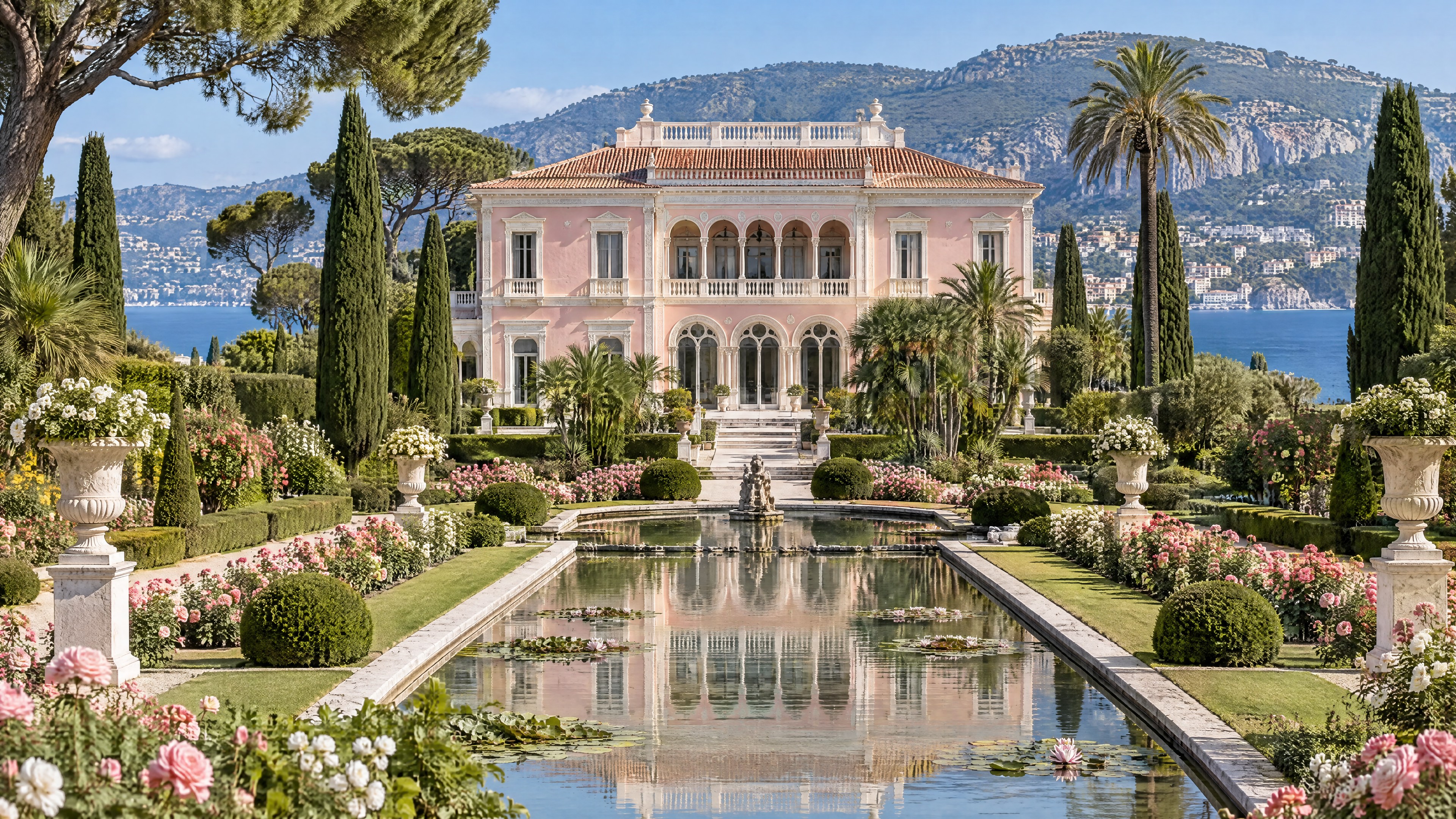 Jardines de villas de la Riviera cerca de Cap Ferrat (ilustración)