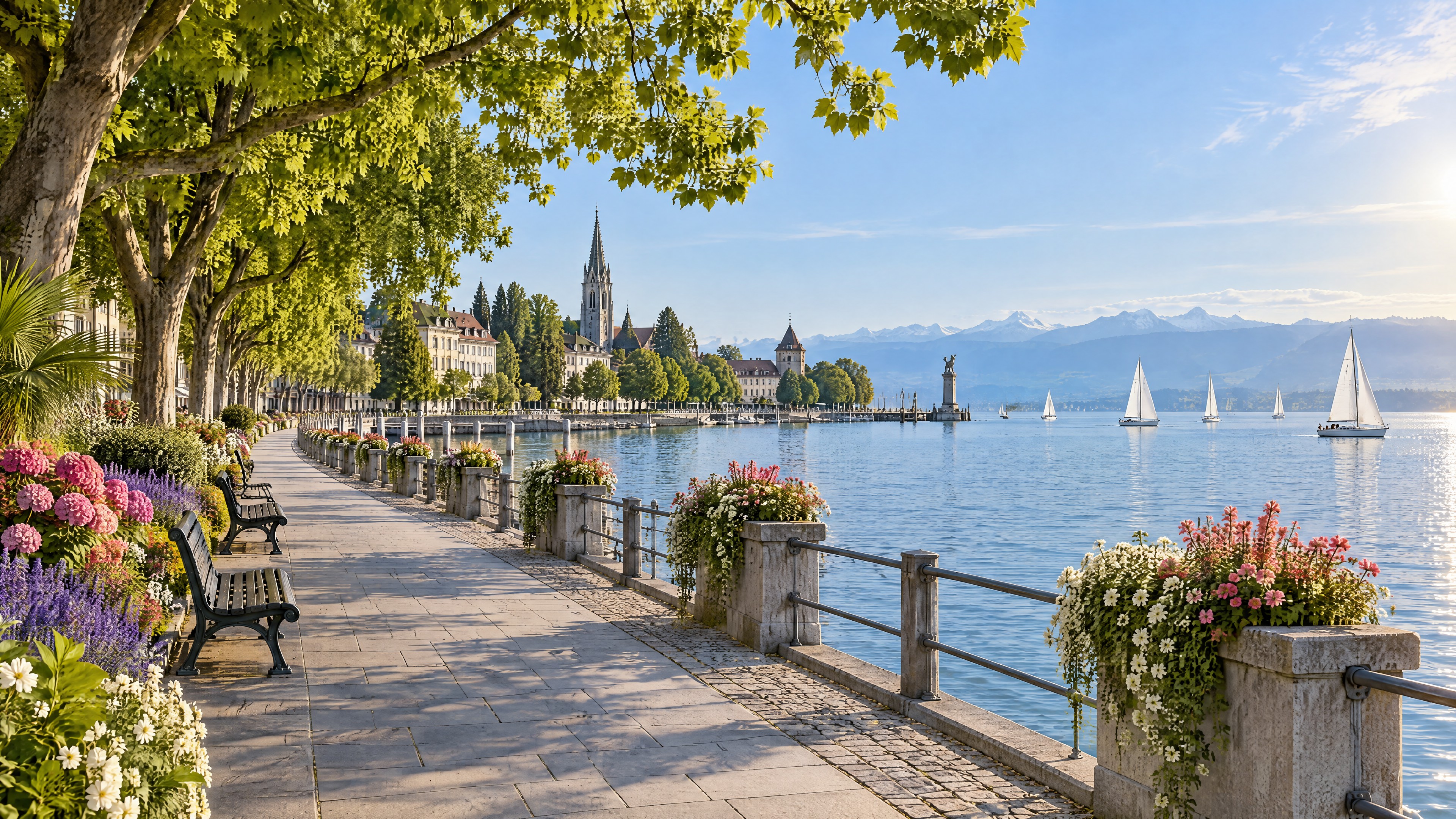 Üppig begrünte Seepromenade in voller Blüte