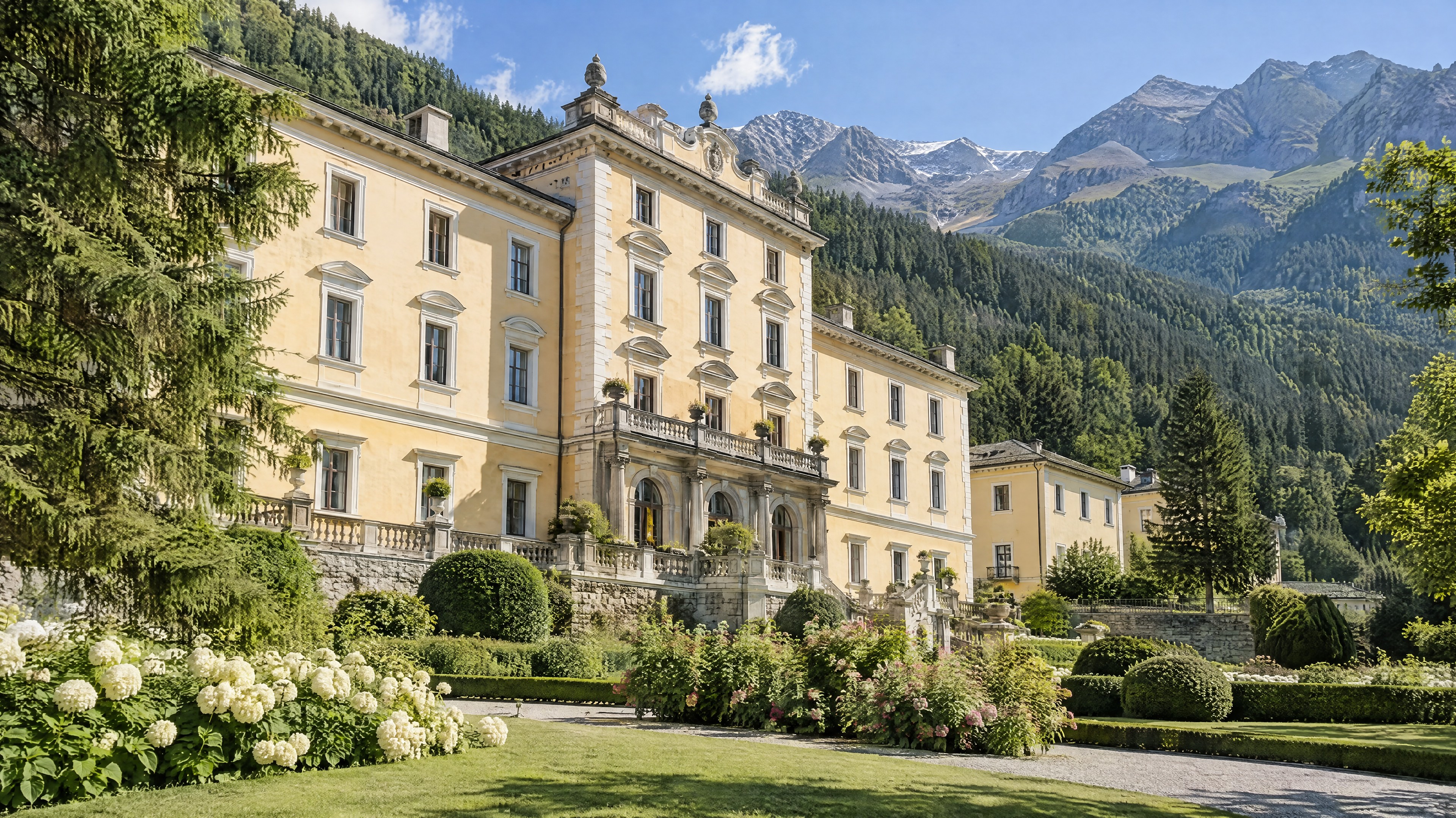 Architettura storica di un albergo termale nei pressi di Bormio (illustrazione)
