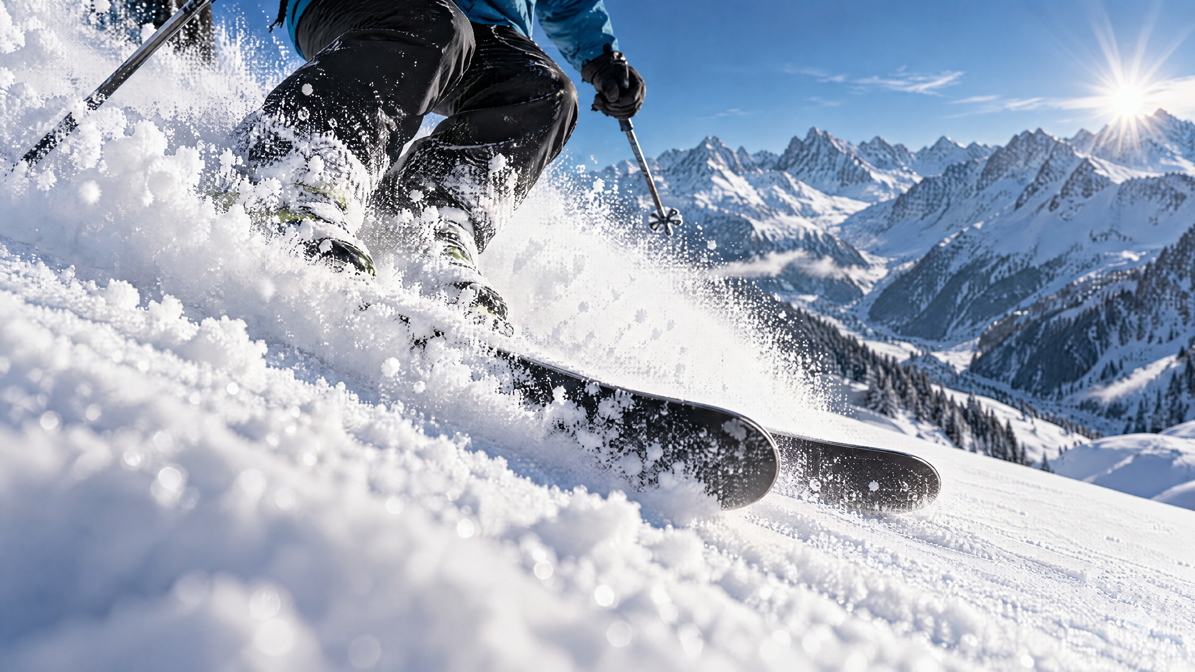Primo piano dinamico di una discesa sugli sci nella neve fresca
