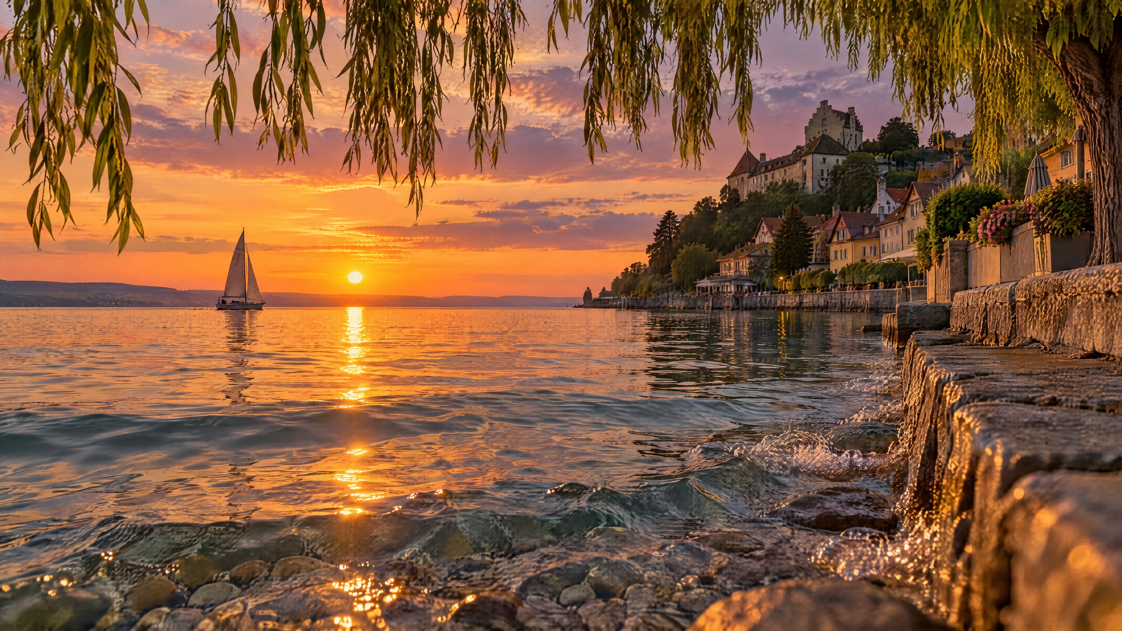 Ruhige Uferpromenade zur goldenen Stunde