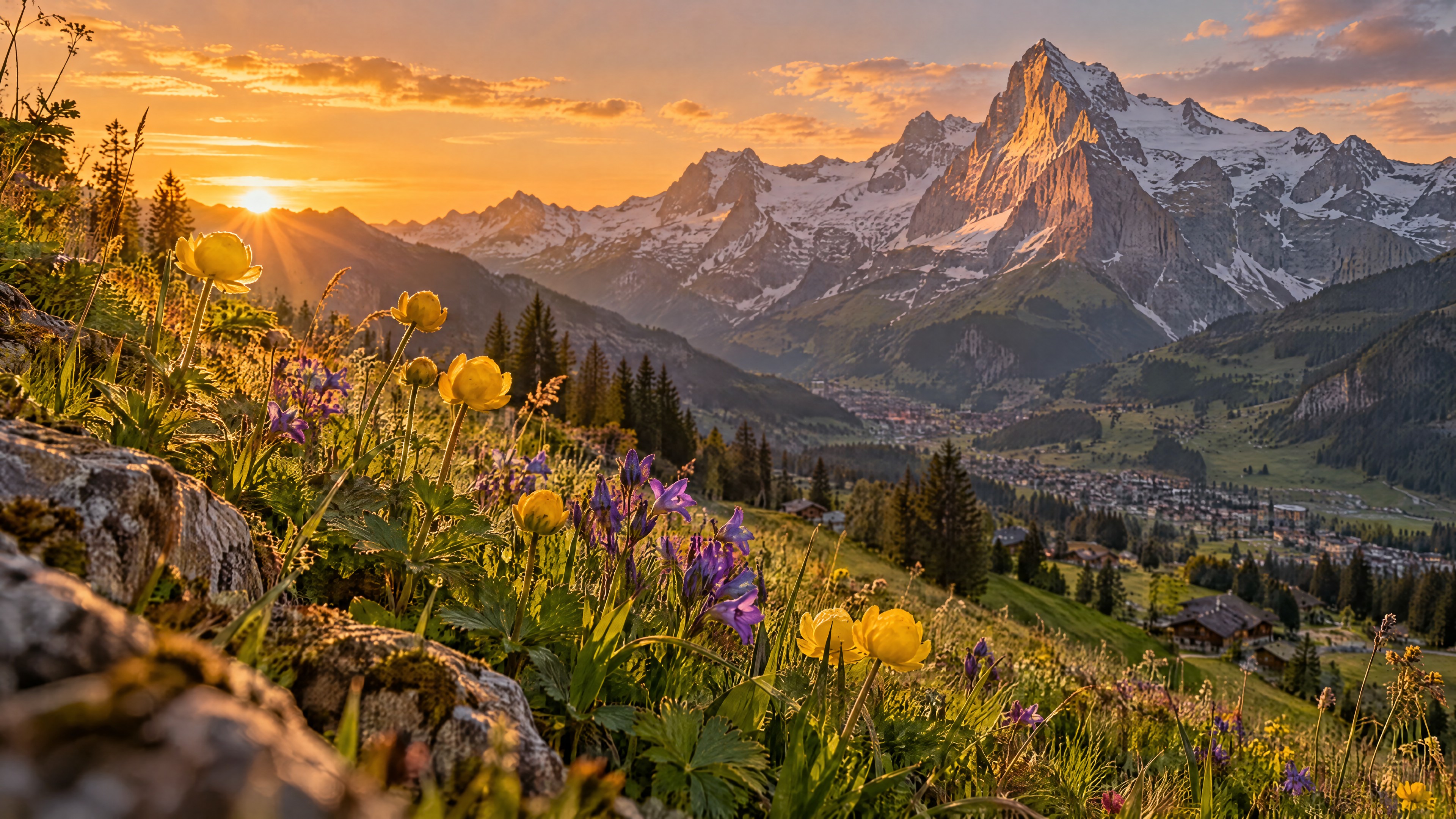 Goldene Stunde über alpinen Wildblumenhängen