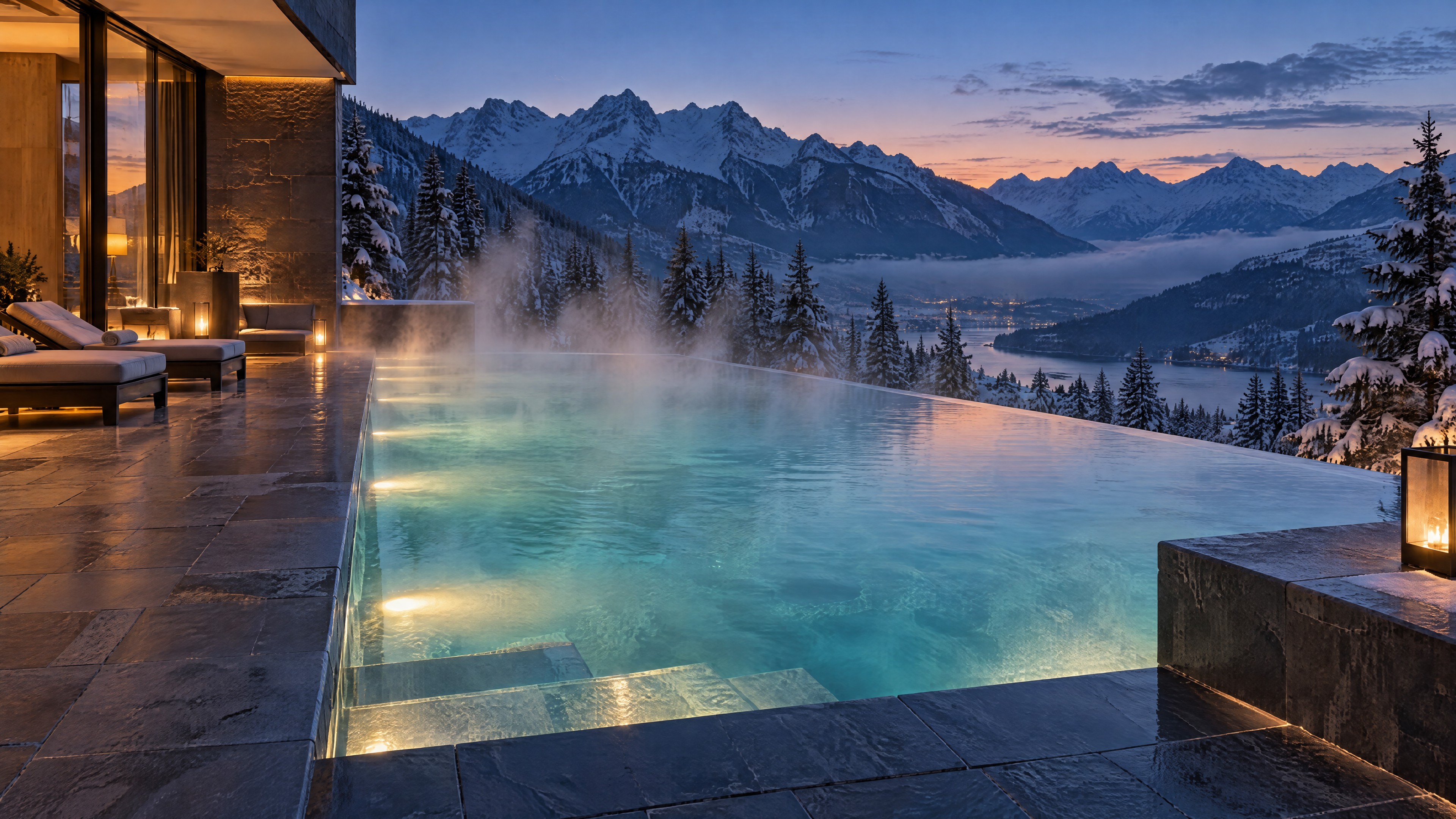 Tranquilla piscina termale all’aperto al crepuscolo