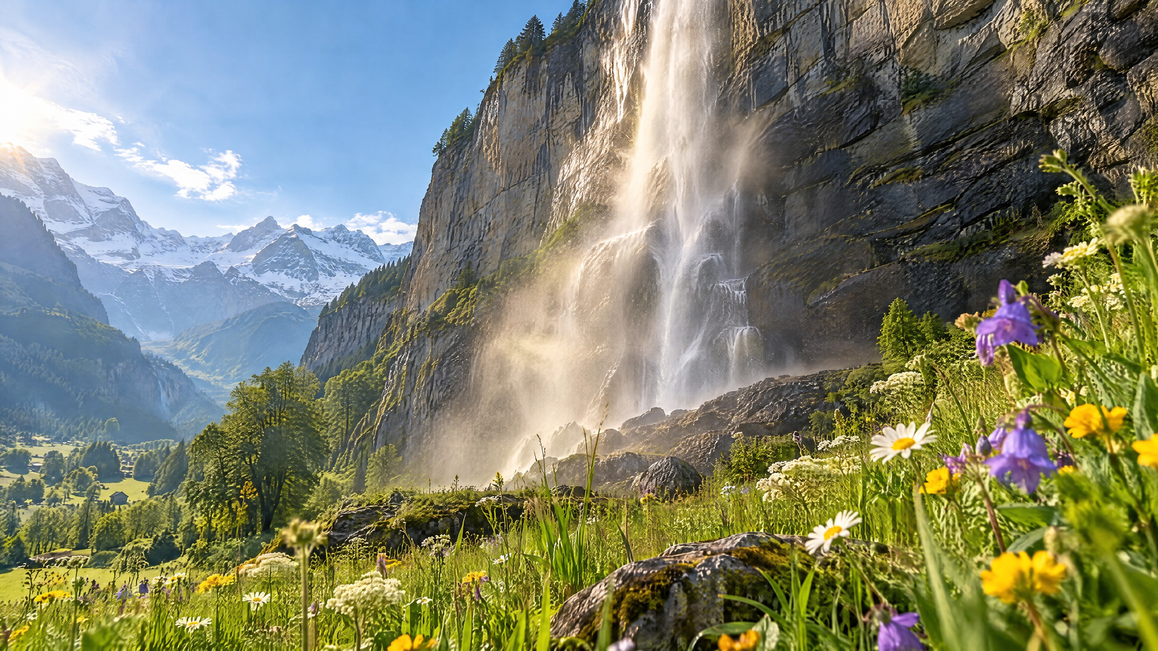 Blick aus der Froschperspektive auf den Sprühnebel des Staubbachfalls