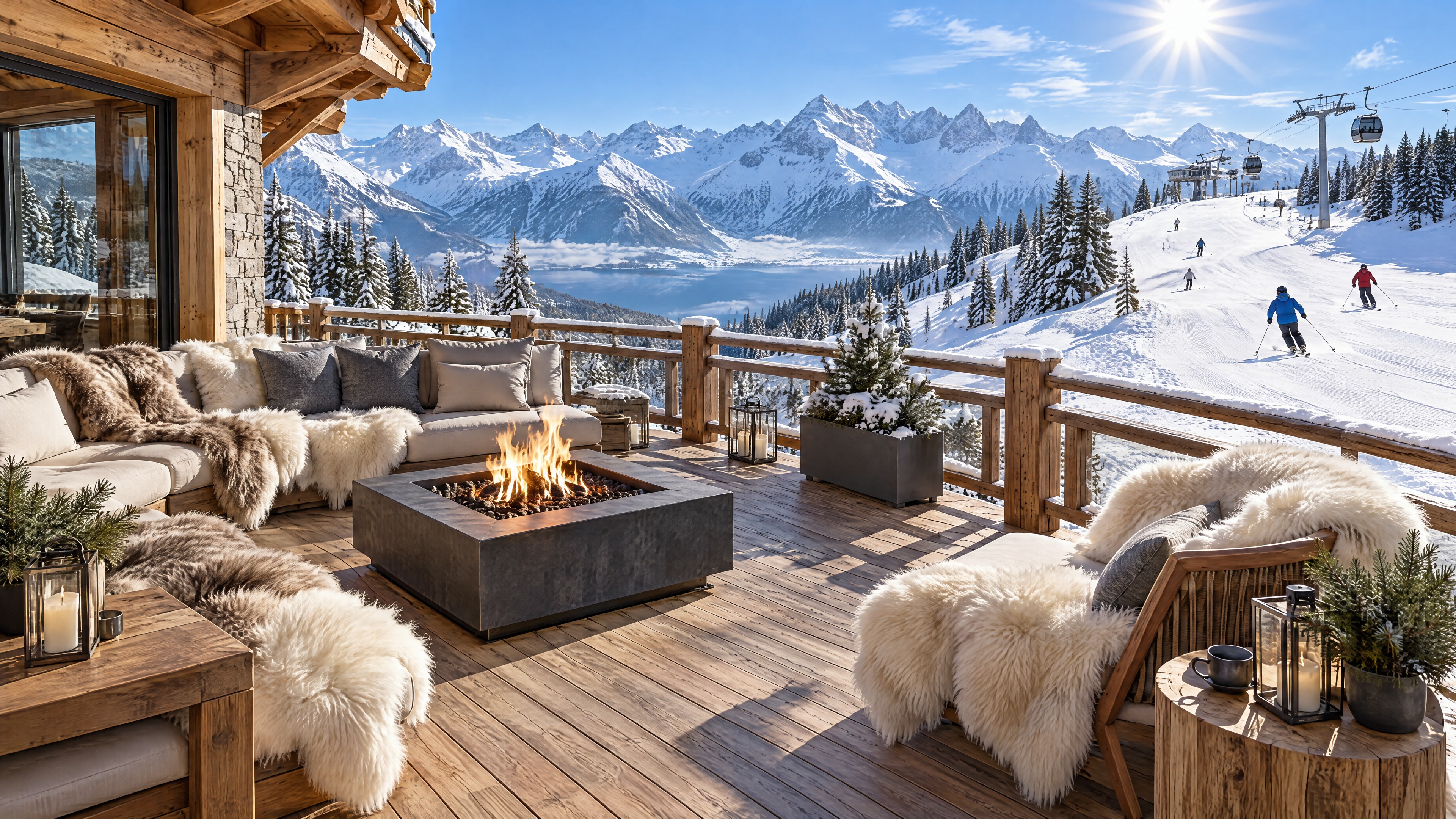 Lussuosa terrazza après-ski con vista sulle montagne