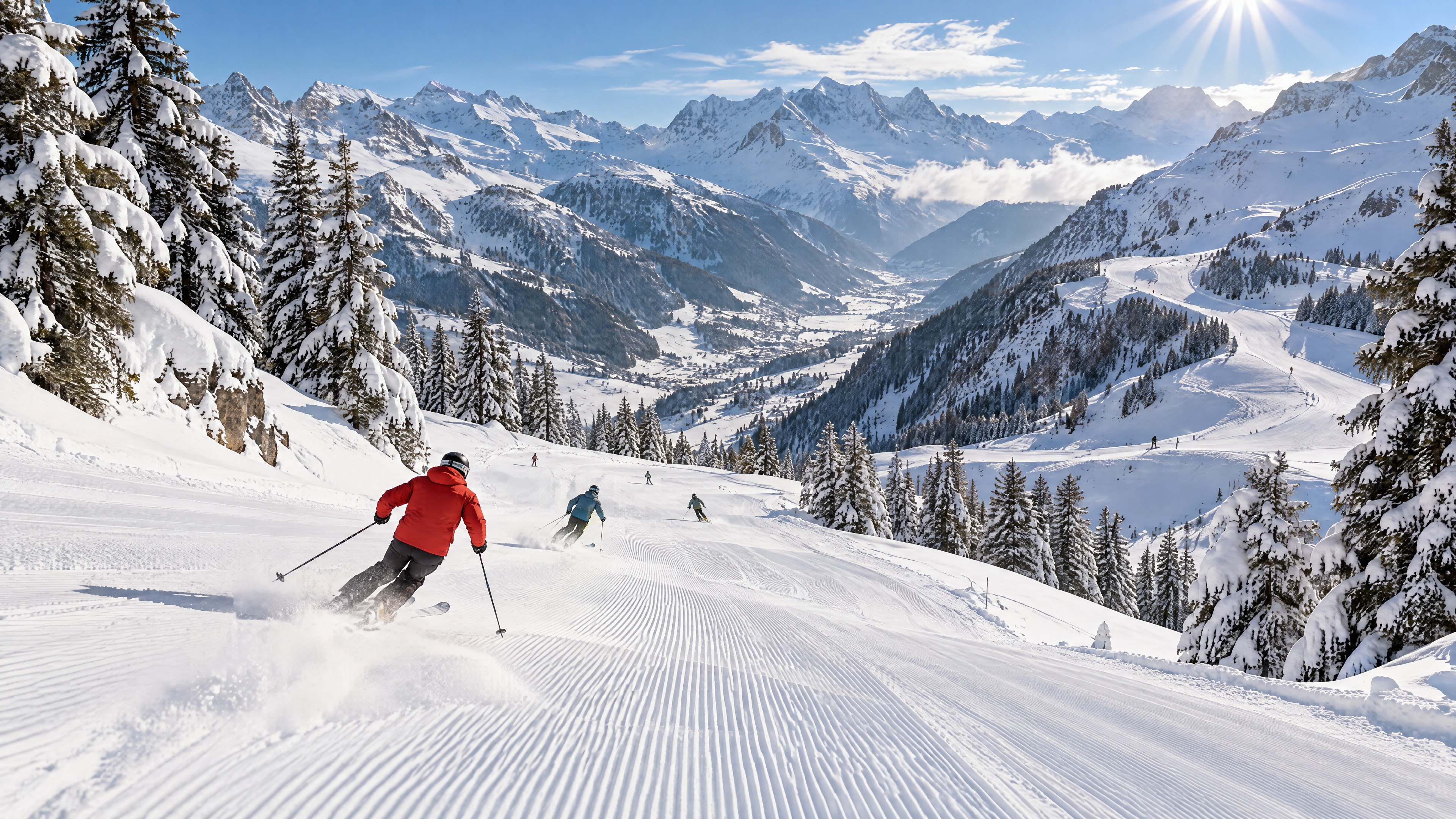 Luftaufnahme von Skifahrern auf präparierten Pisten
