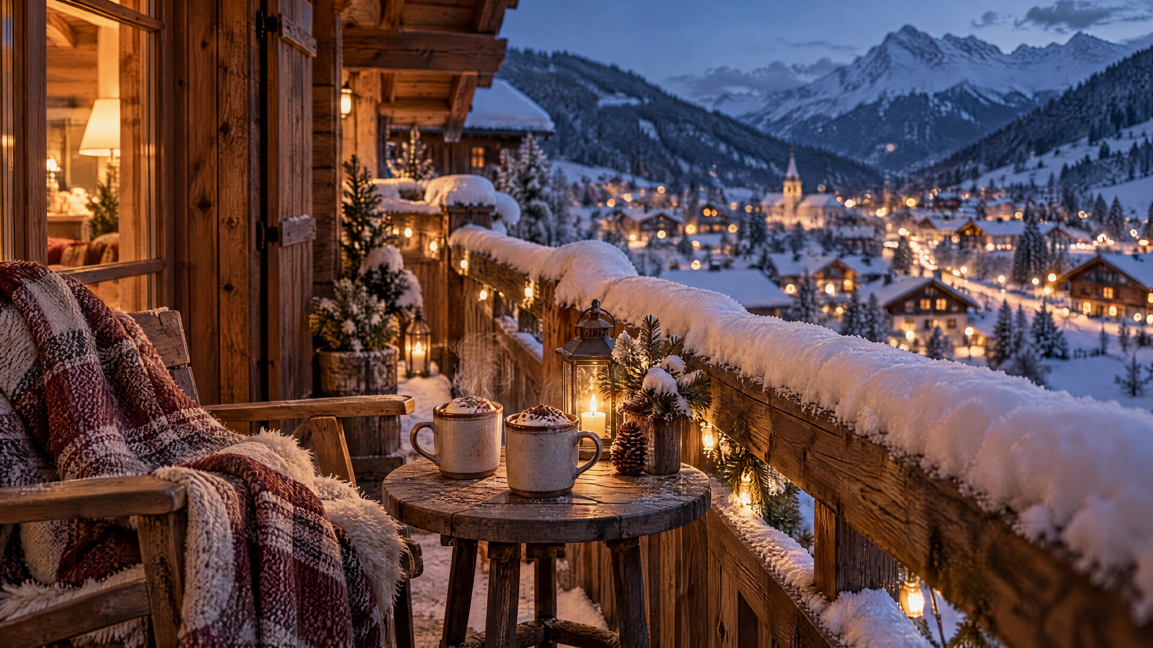 Intima serata invernale su un balcone in legno