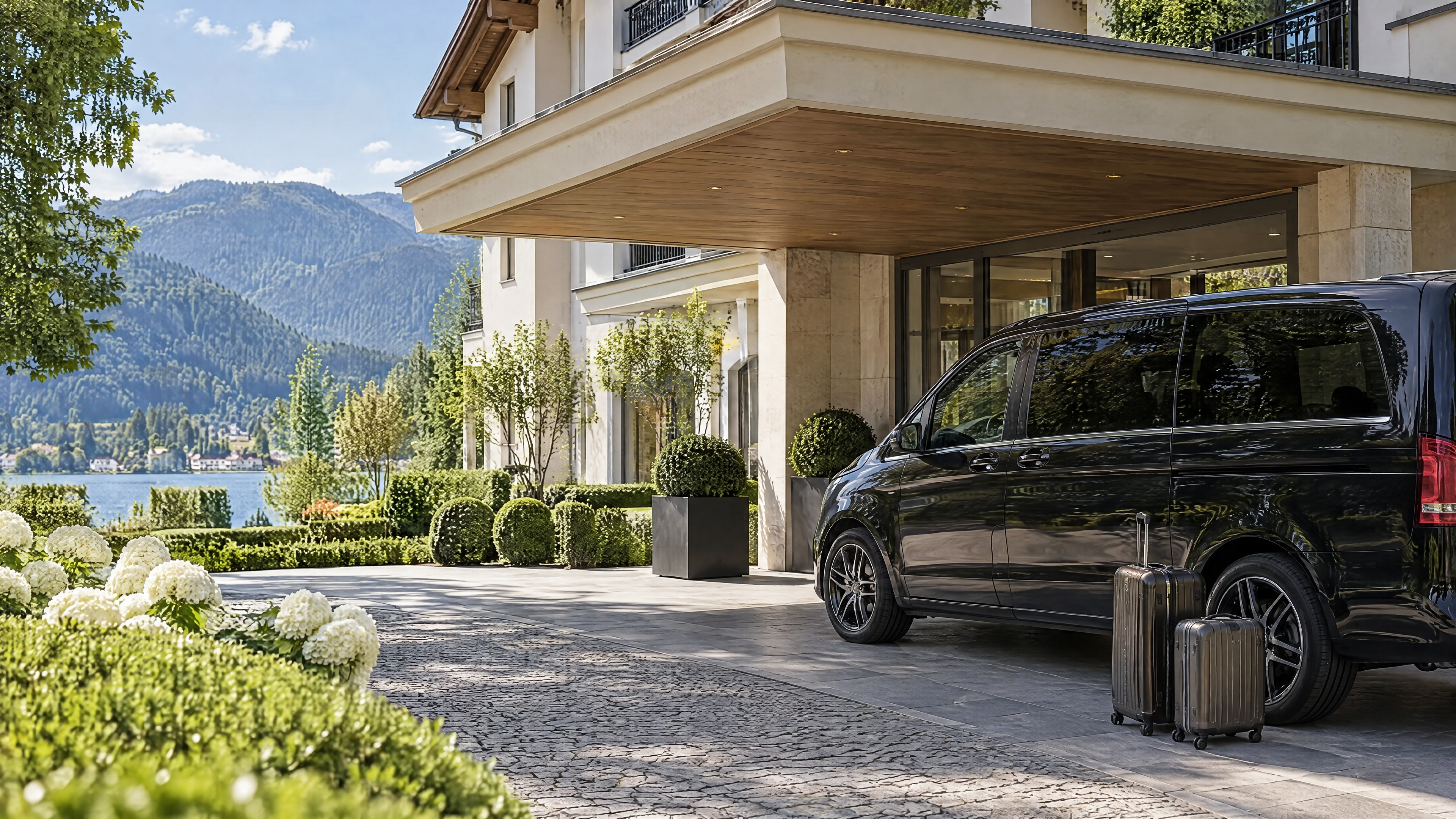 Llegada privada a un hotel a orillas del lago Tegernsee (ilustración)