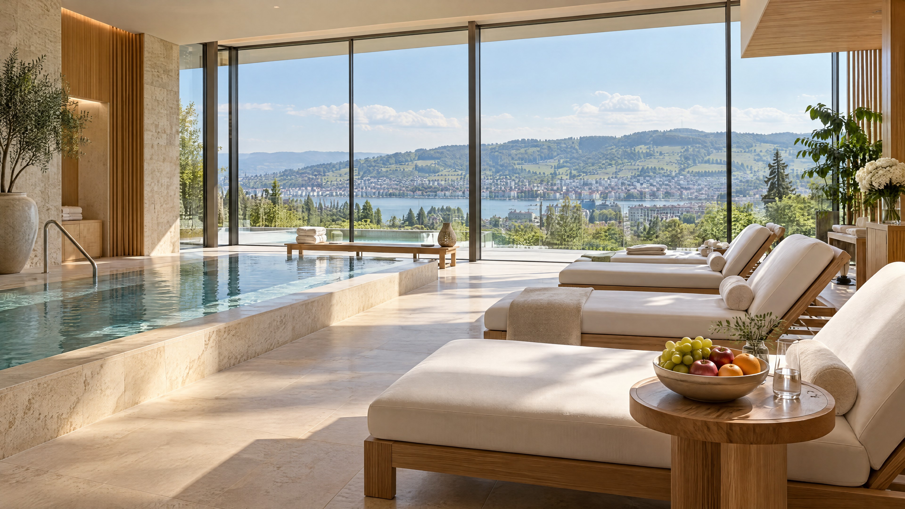 Moderner Spa-Innenbereich mit Seeblick (Illustration)