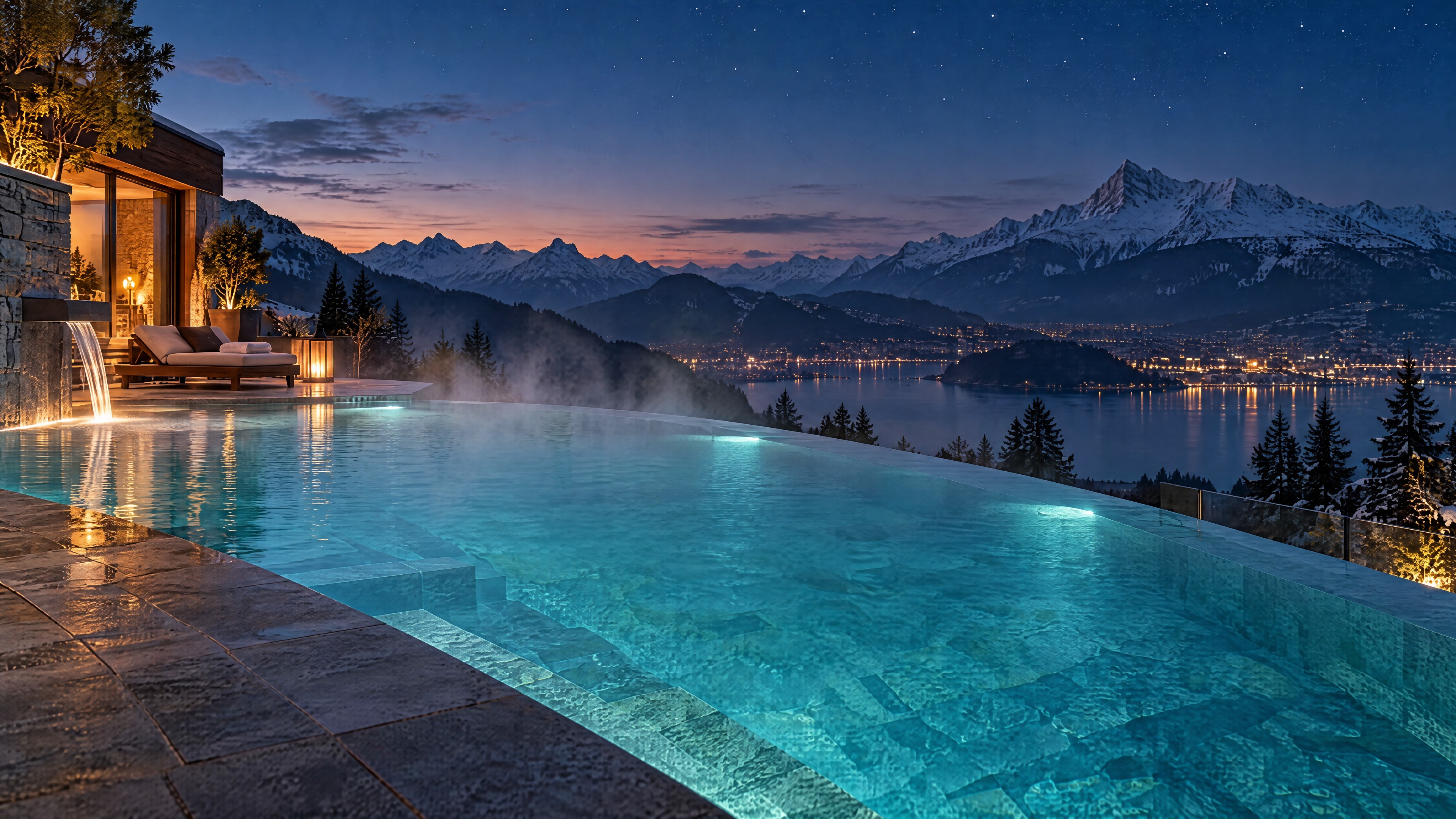 Tranquila piscina termal al aire libre al anochecer