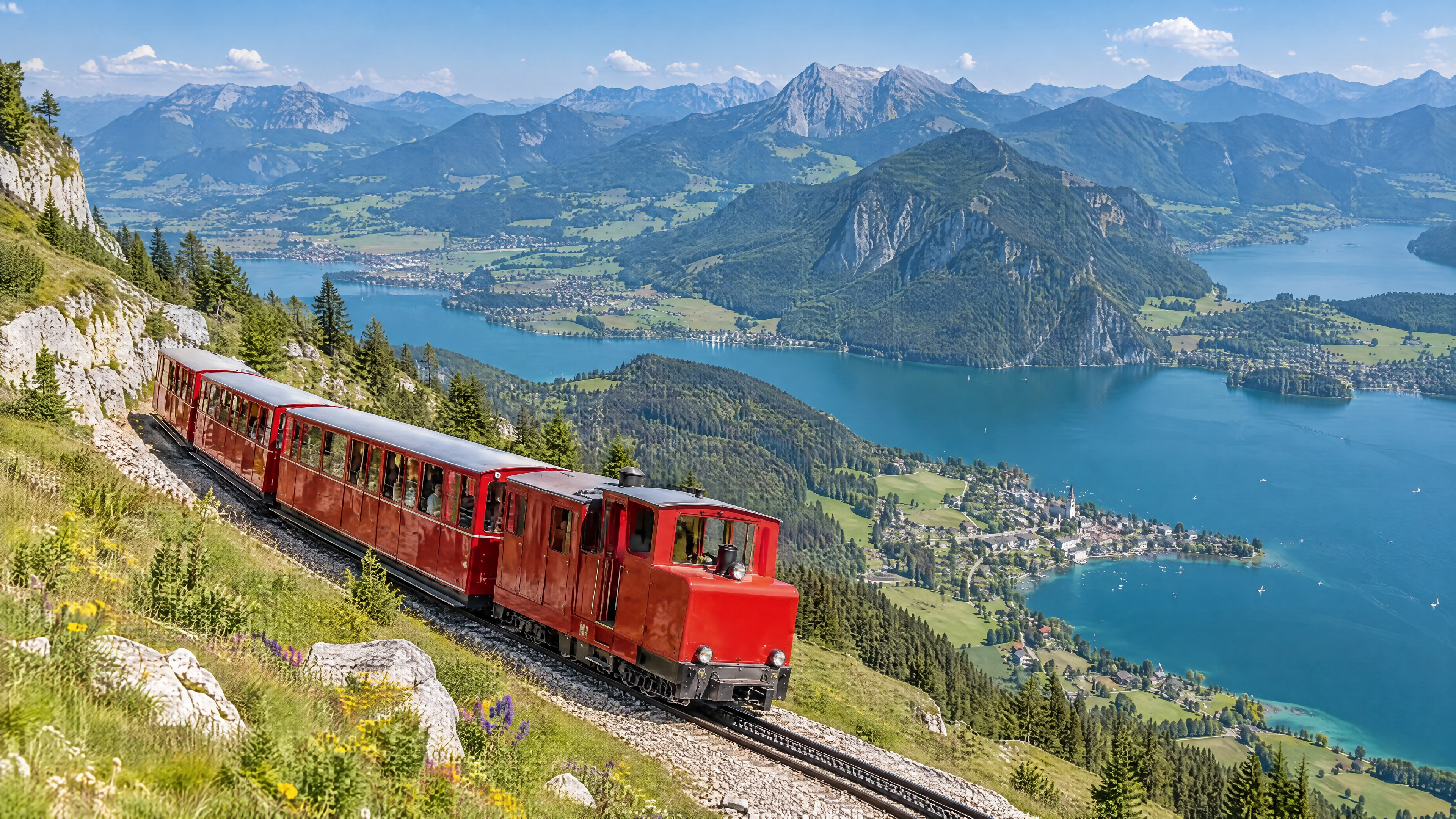Schafbergbahn über den sommerlichen Seen