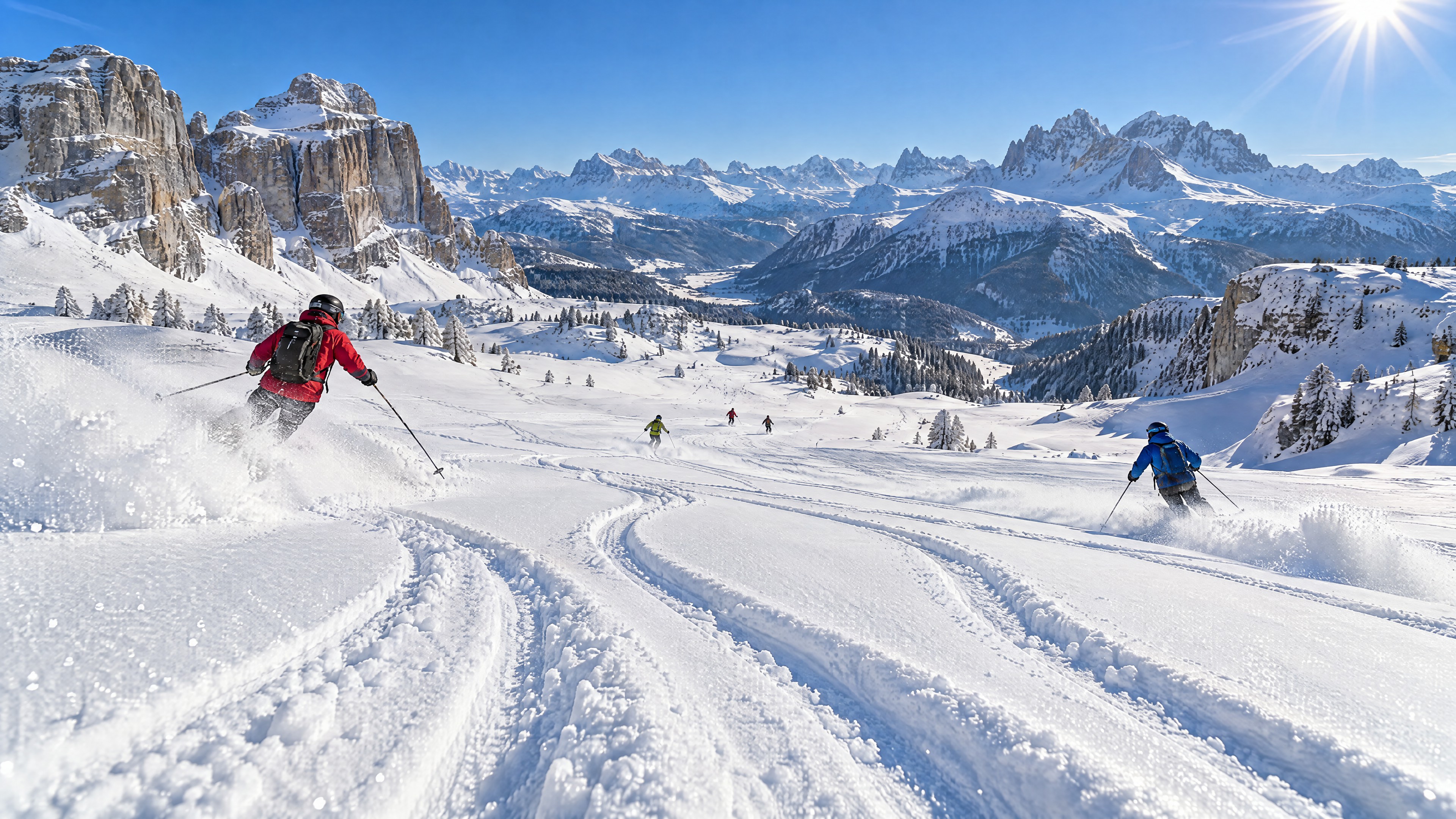 Skispuren auf einem sonnigen Hochplateau