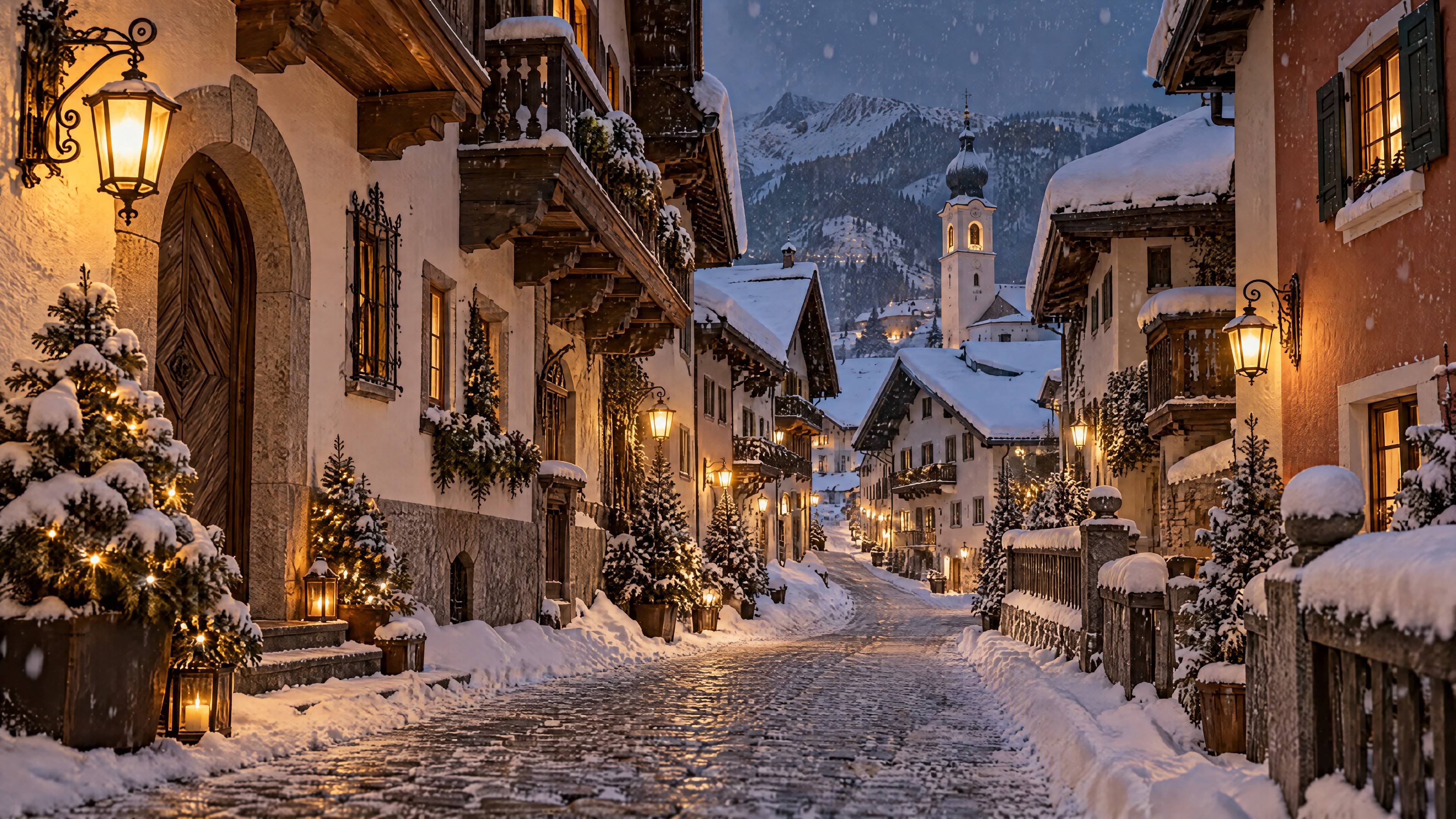 Callejón medieval bajo la nieve al anochecer