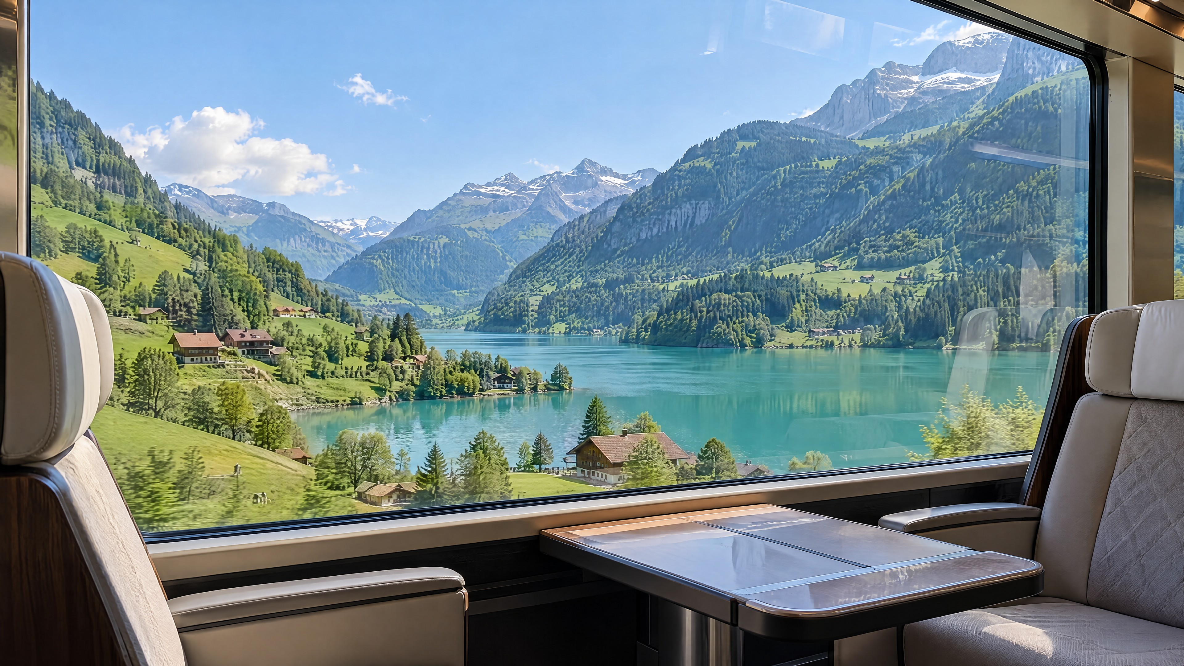 Blick auf den Lungernsee durch die Fenster eines Panoramazugs