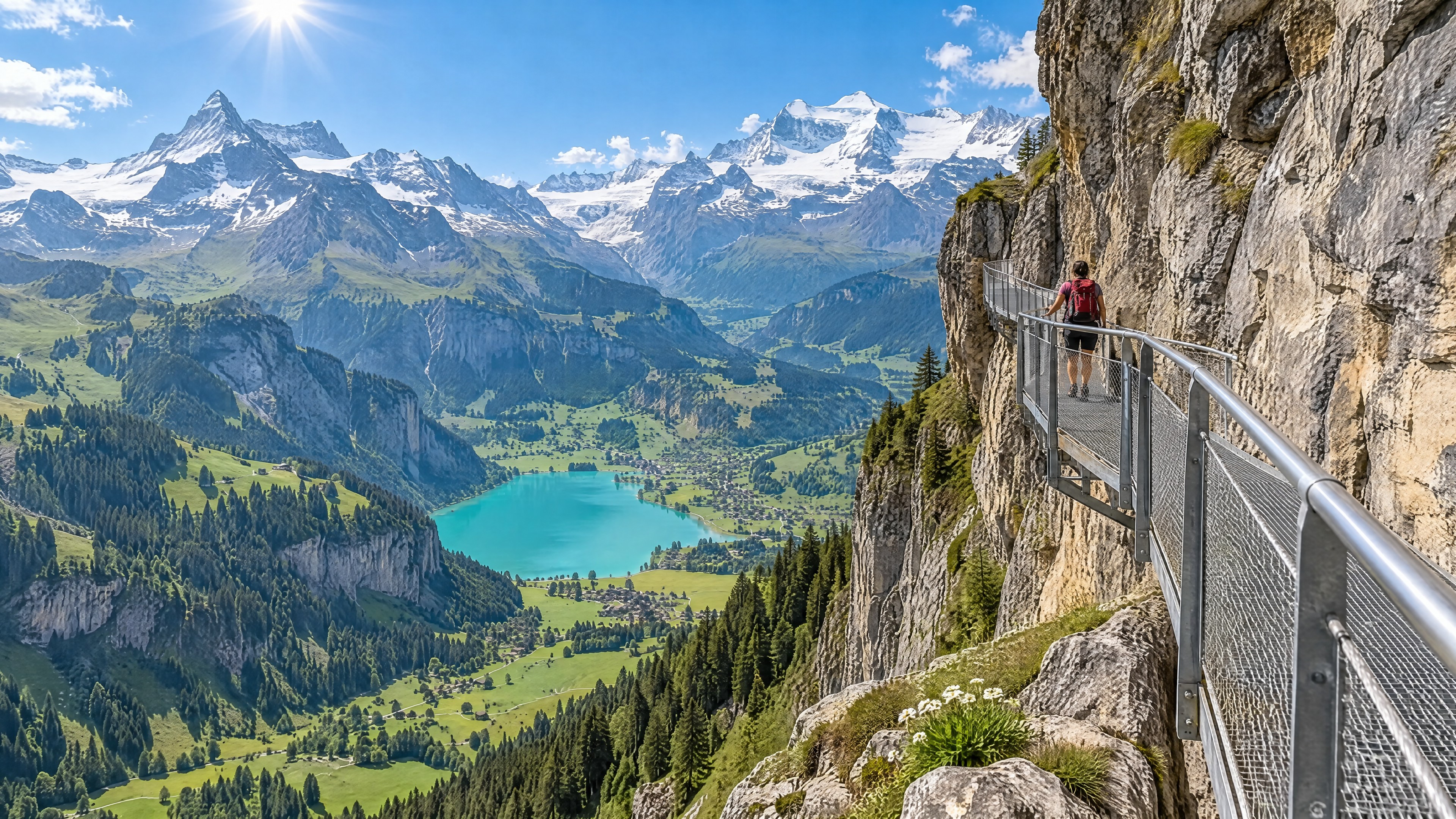 Steg entlang einer Felswand über dem Grindelwaldtal (Illustration)