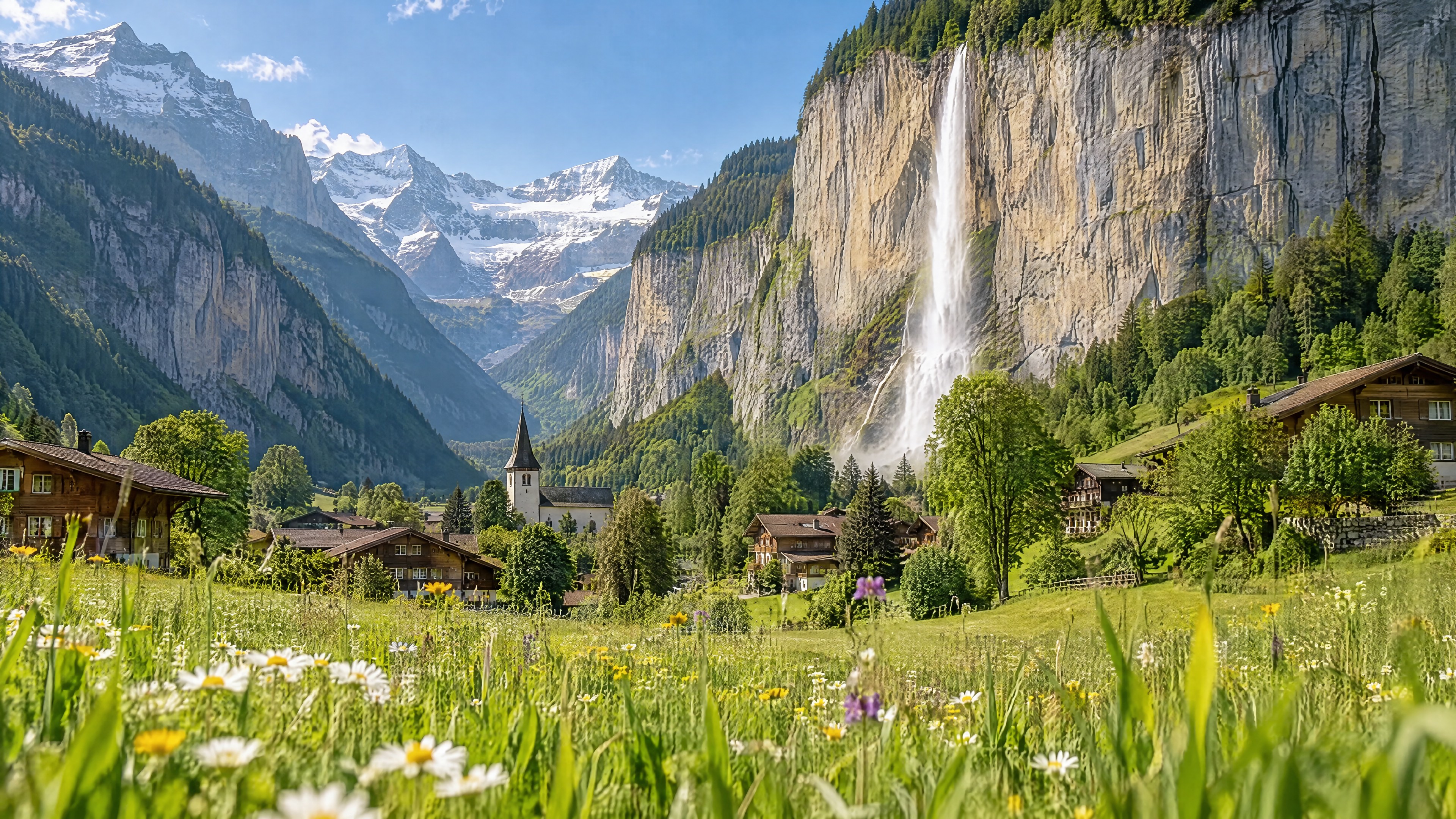 Lauterbrunnens Felswände und der herabstürzende Staubbachfall