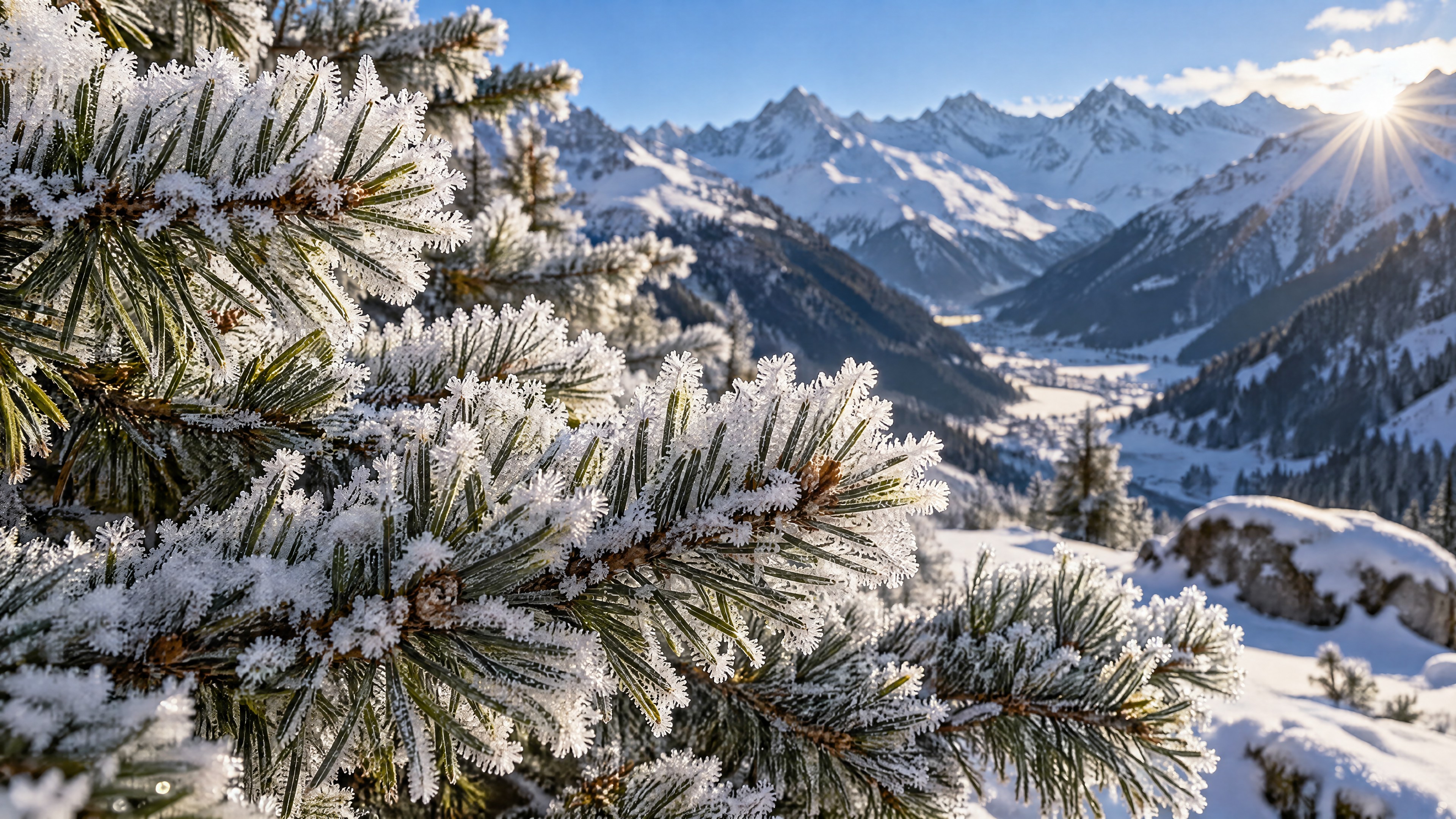 Primo piano di una pineta montana ricoperta di brina