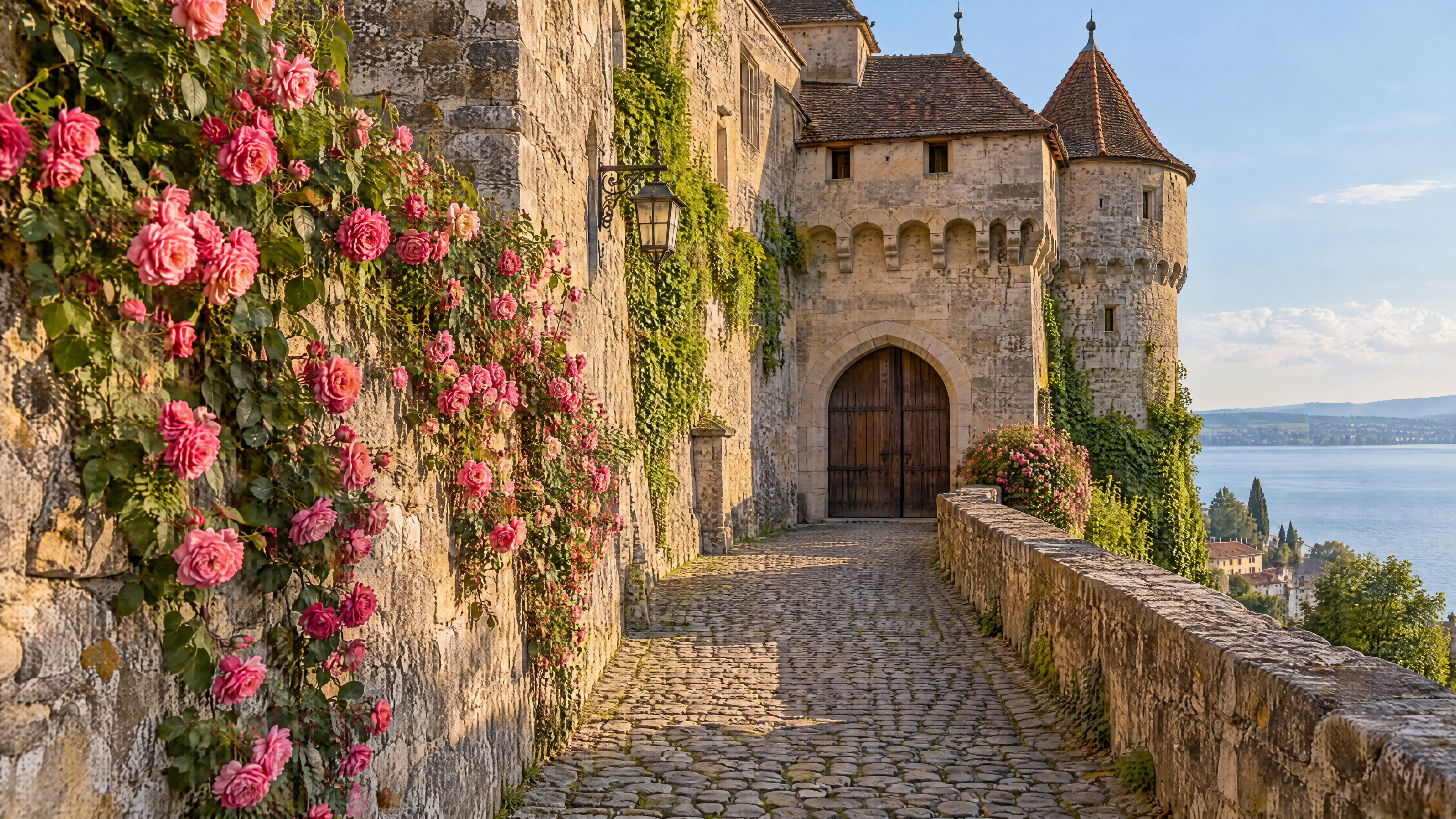 Steinmauern einer mittelalterlichen Burg und Sommerblüten