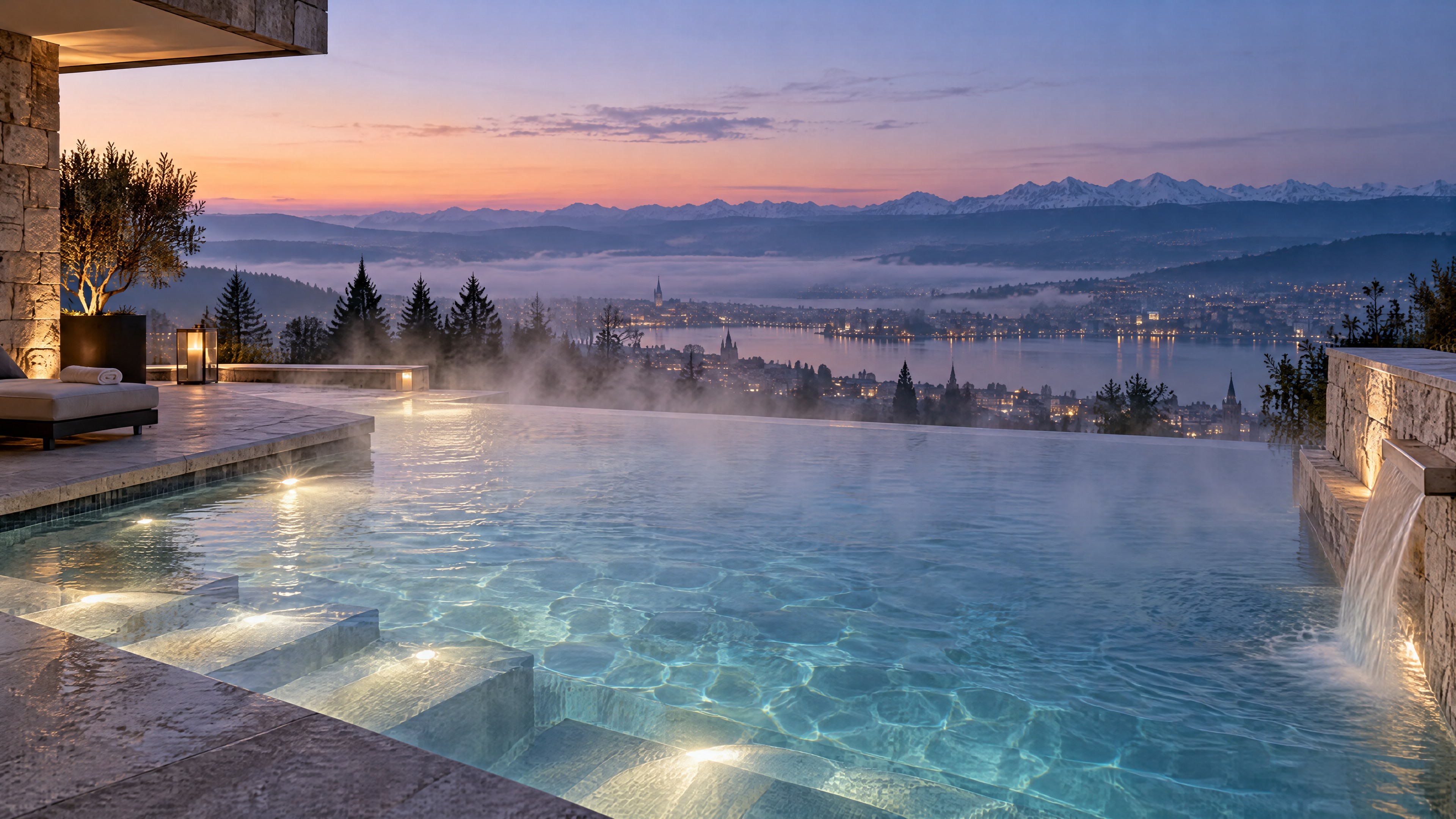 Ruhiger Thermal-Infinity-Pool im Freien in der Abenddämmerung