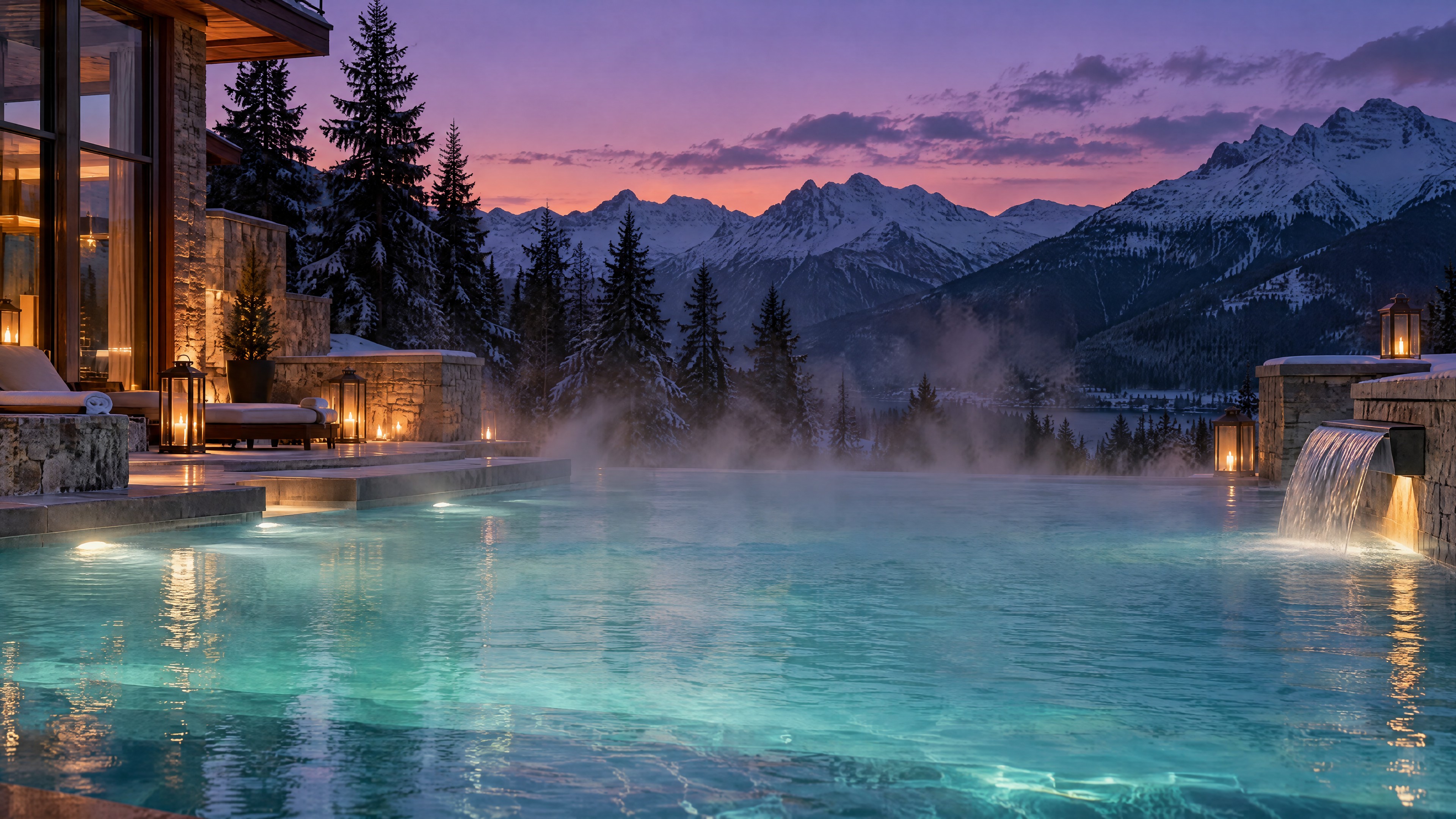 Tranquila piscina termal infinita al aire libre