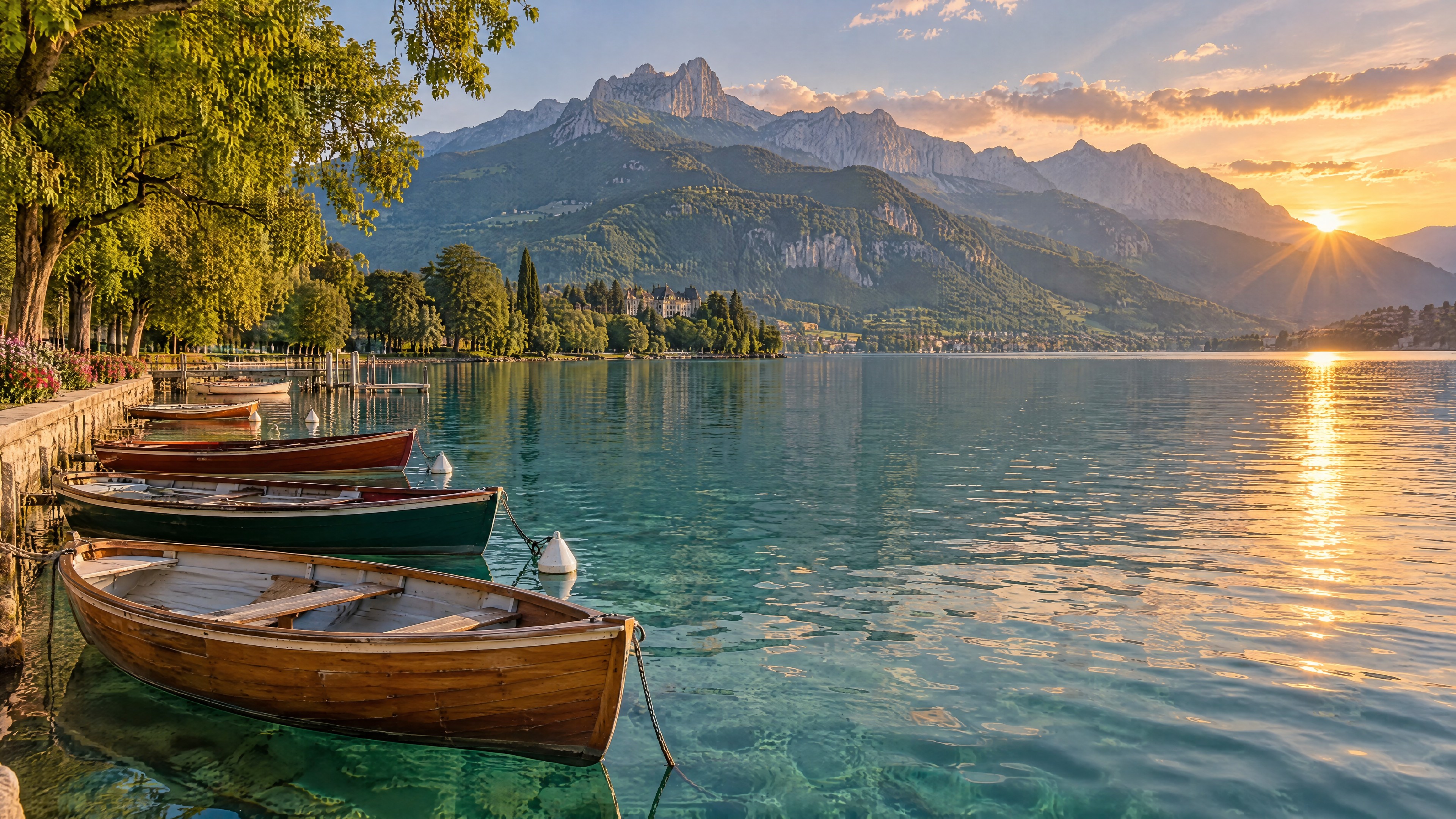 Ruhiges türkisfarbenes Wasser des Lac d'Annecy