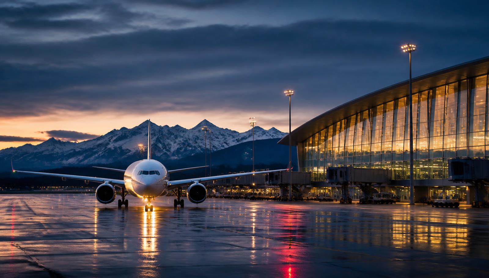Zurich Airport terminal at dusk with an aircraft on the apron and the Swiss Alps behind
