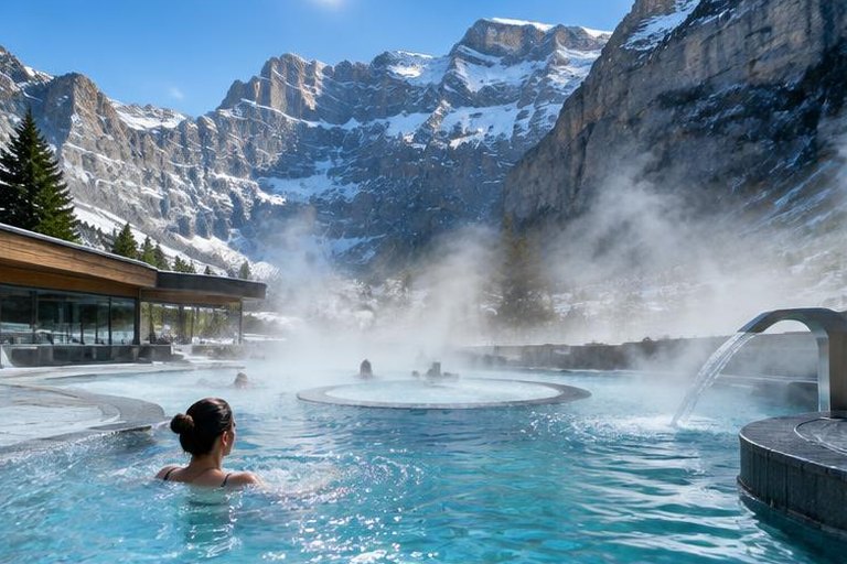 Outdoor thermal pools under the Gemmi cliffs